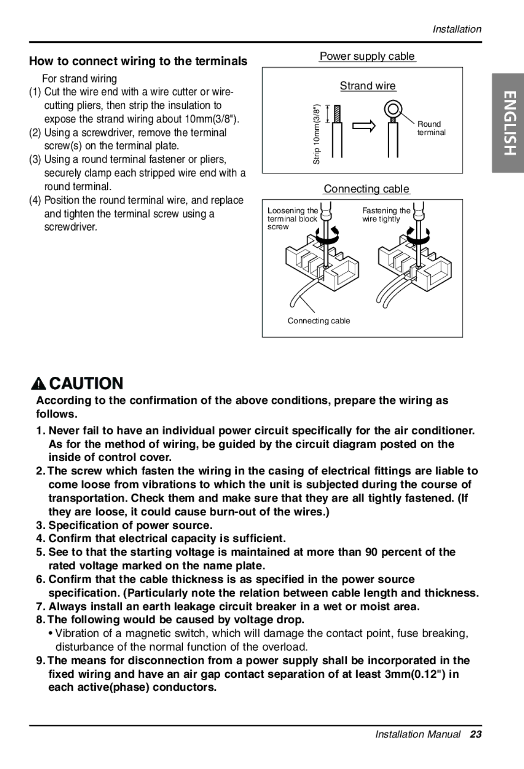 LG Electronics LS305HV How to connect wiring to the terminals, For strand wiring, Power supply cable Strand wire 