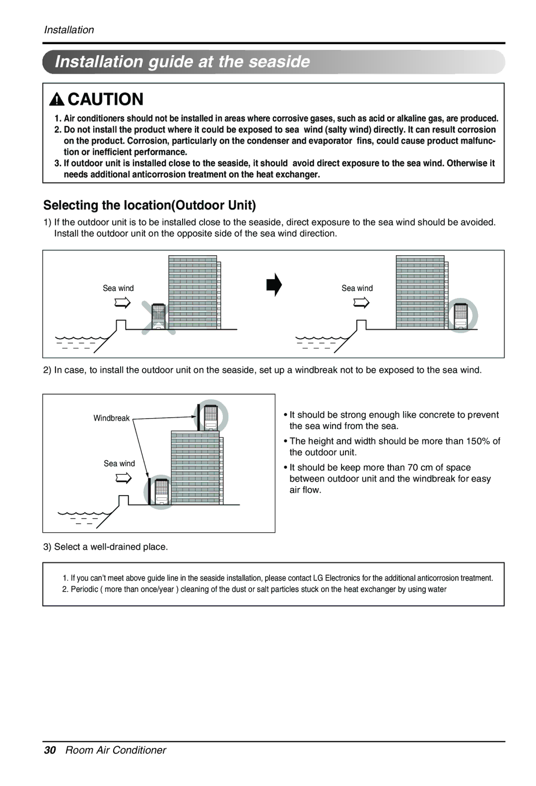 LG Electronics LS305HV installation manual Installation guide at the seaside, Selecting the locationOutdoor Unit 