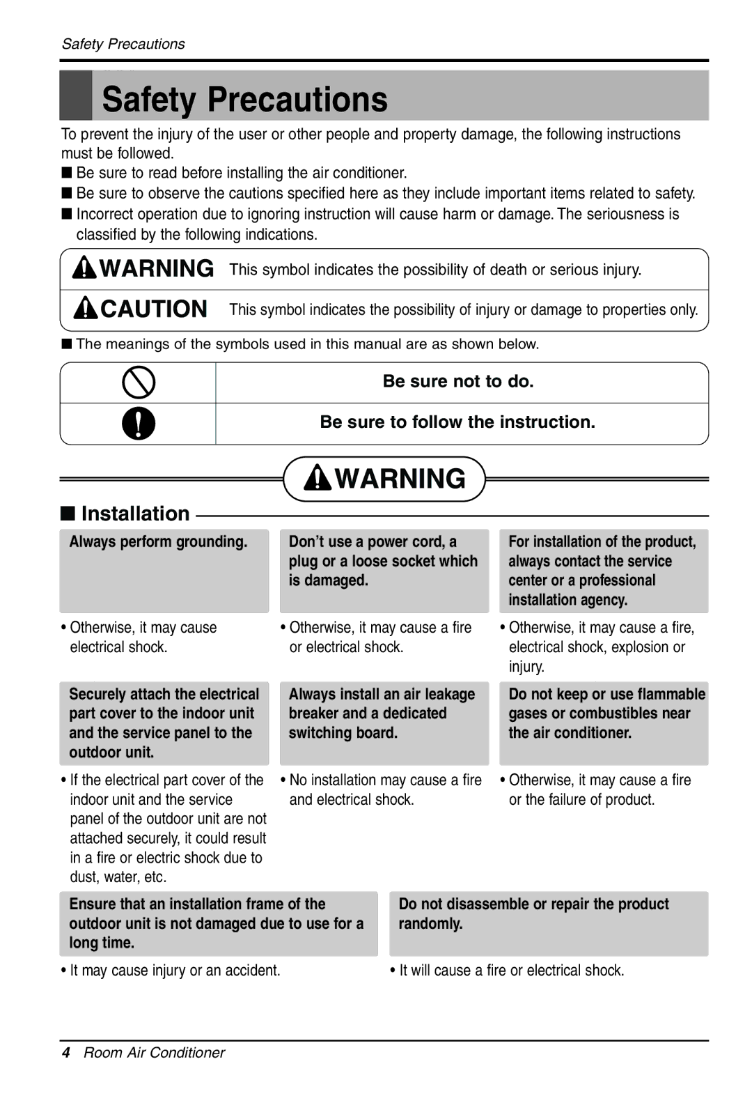 LG Electronics LS305HV Be sure not to do Be sure to follow the instruction, It may cause injury or an accident 