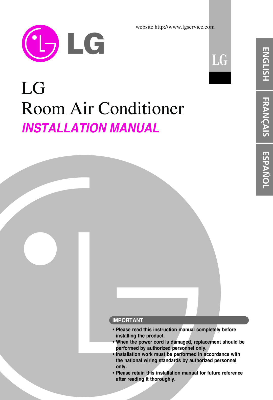 LG Electronics LS305HV installation manual English Français Español, LG Room Air Conditioner, Installation Manual 