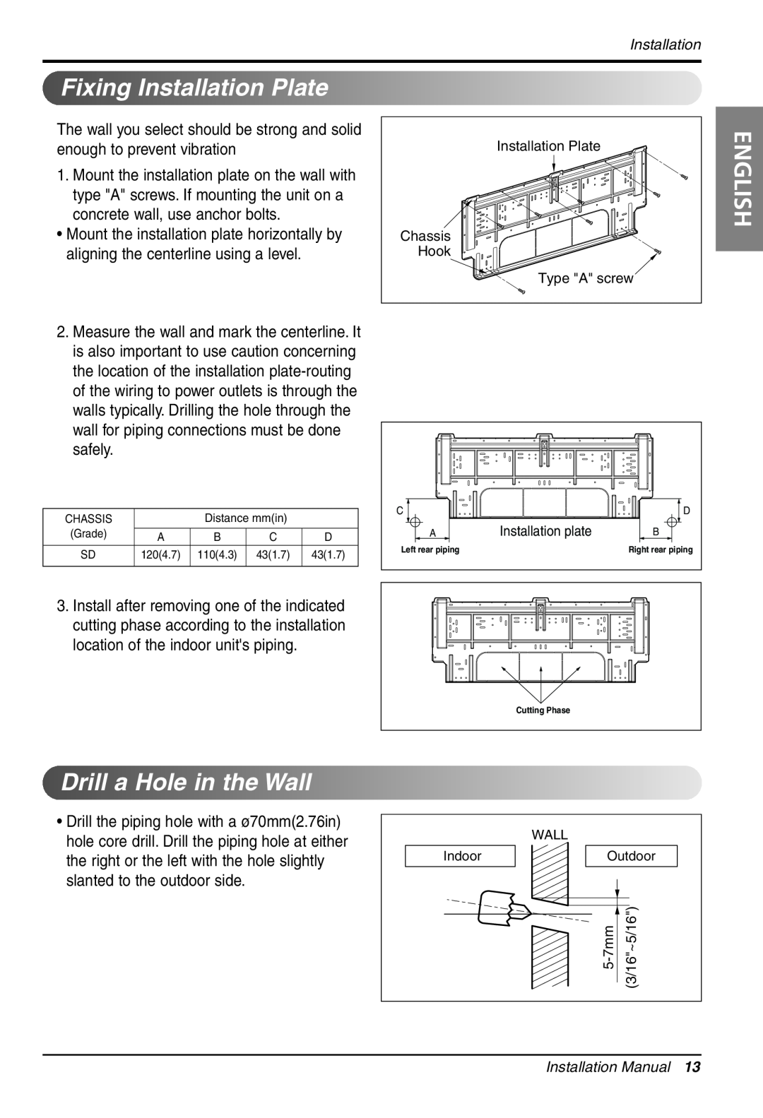 LG Electronics LS305HV installation manual FixingInstallationPlate, DrillaHoleintheWall, English, Installation Manual 