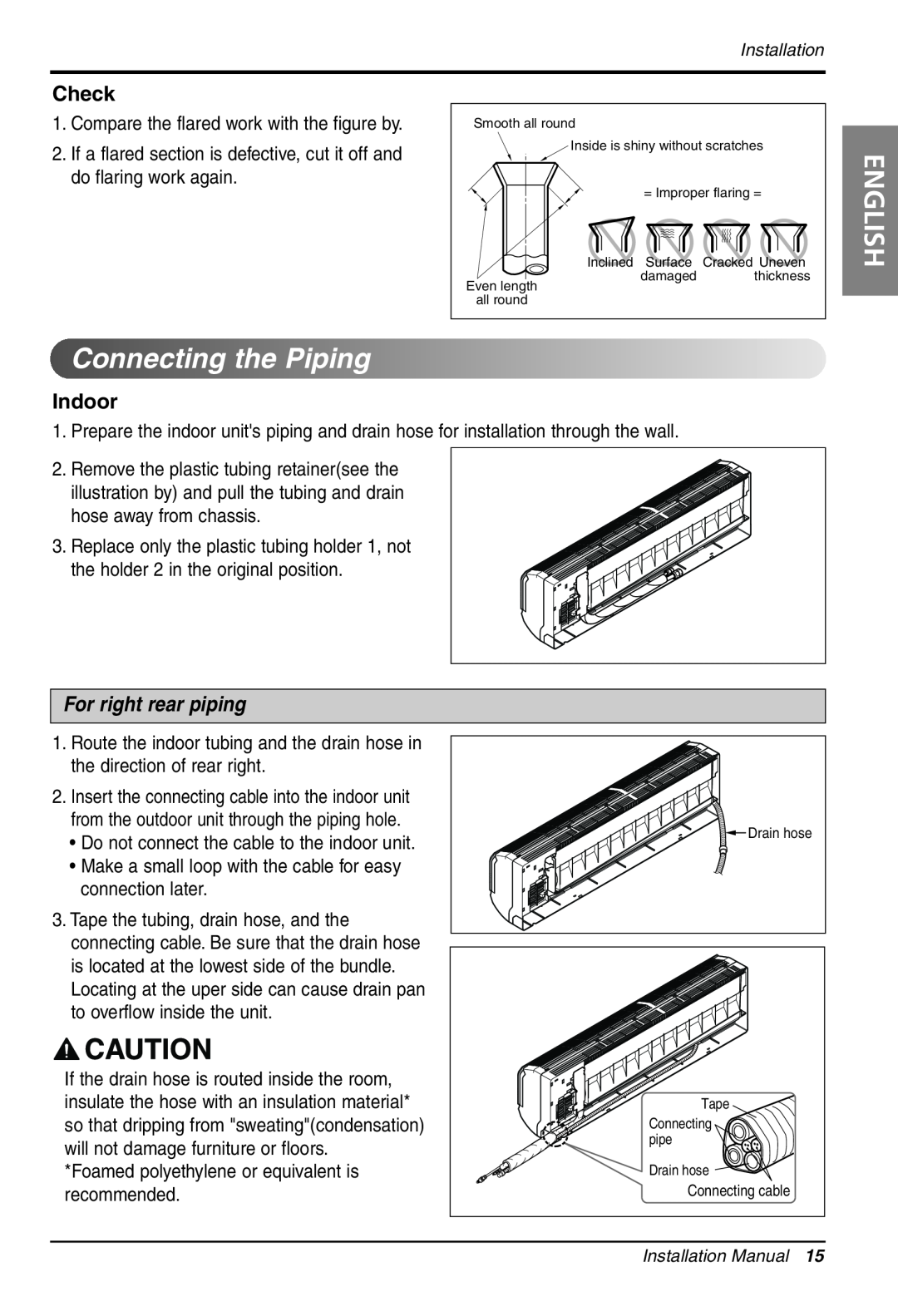 LG Electronics LS305HV installation manual ConnectingthePiping, For right rear piping, English 