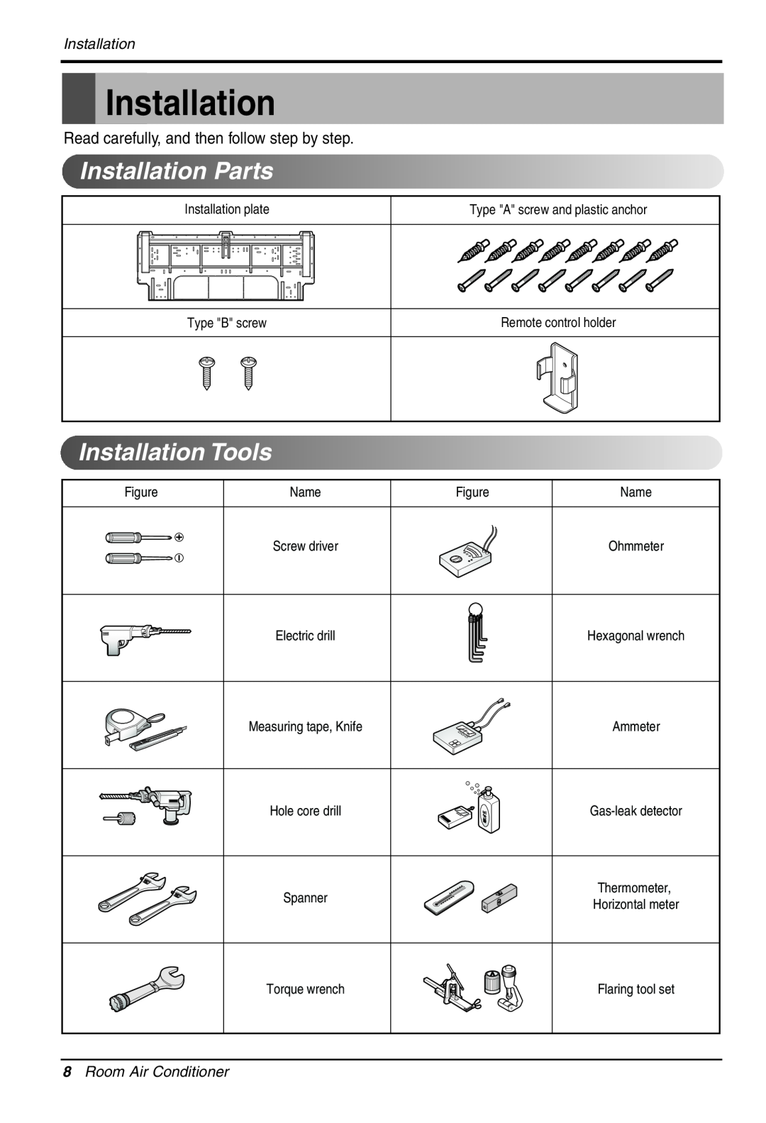 LG Electronics LS305HV installation manual InstallationParts, InstallationTools, Room Air Conditioner 