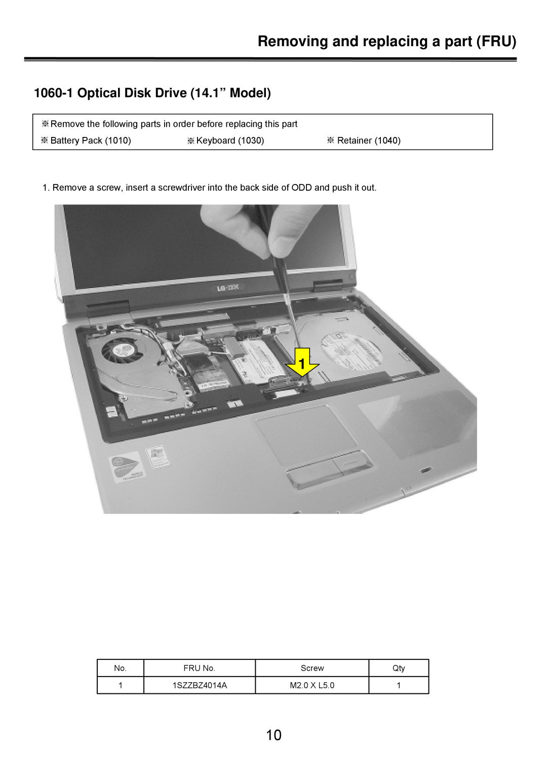 LG Electronics LS50 Optical Disk Drive 14.1” Model, 1SZZBZ4014A, M2.0 X L5.0, Removing and replacing a part FRU, Keyboard 