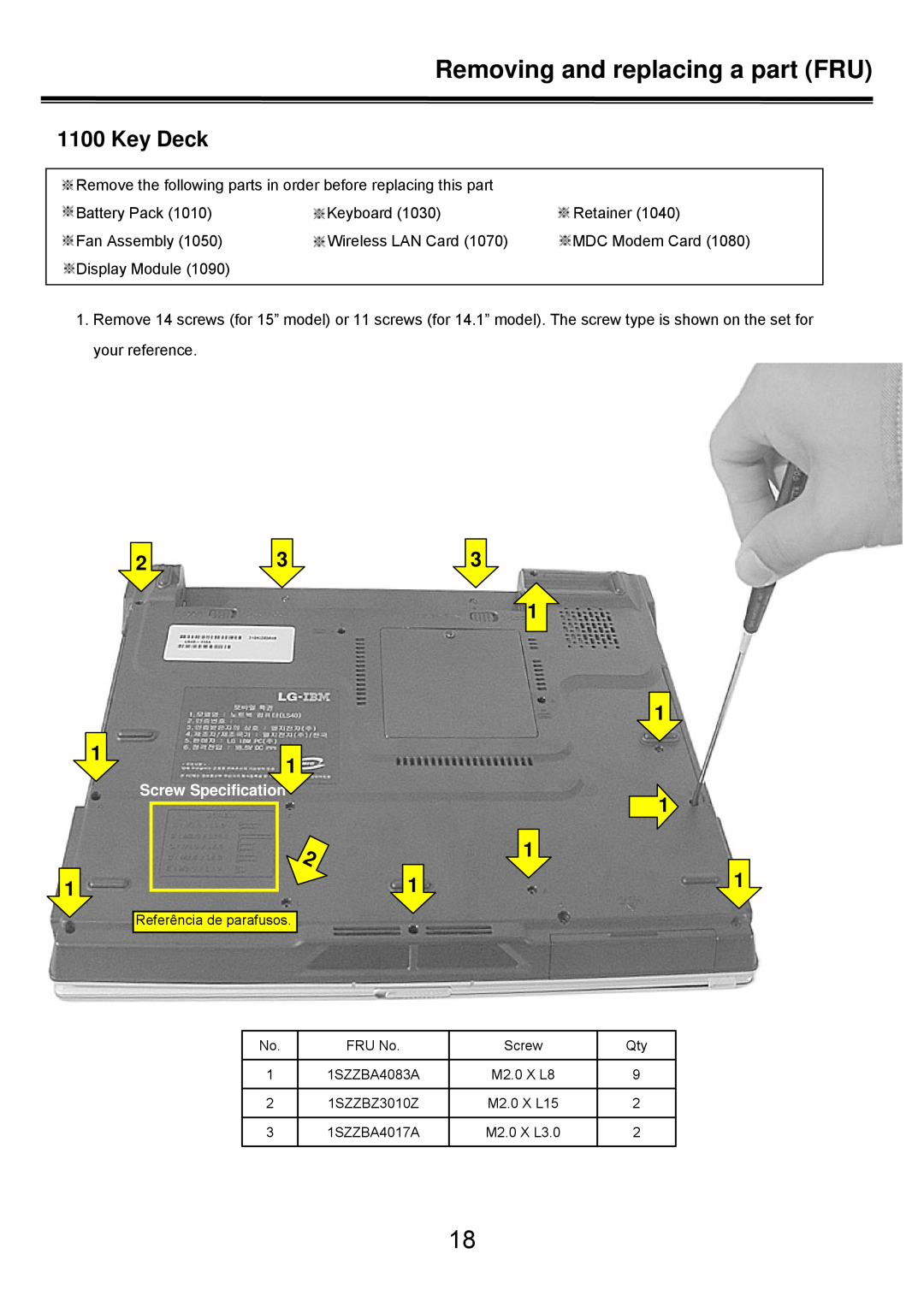 LG Electronics LS50 service manual Key Deck, Removing and replacing a part FRU, Screw Specification 