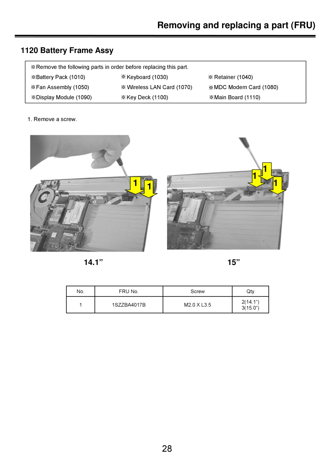 LG Electronics LS50 service manual Battery Frame Assy, 214.1”, 315.0”, Removing and replacing a part FRU 