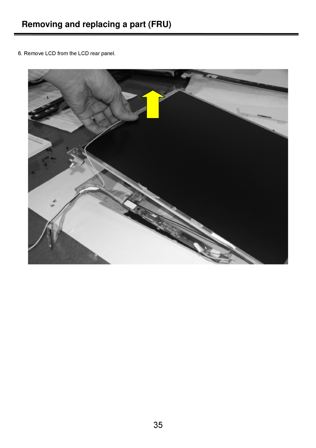 LG Electronics LS50 service manual Remove LCD from the LCD rear panel, Removing and replacing a part FRU 