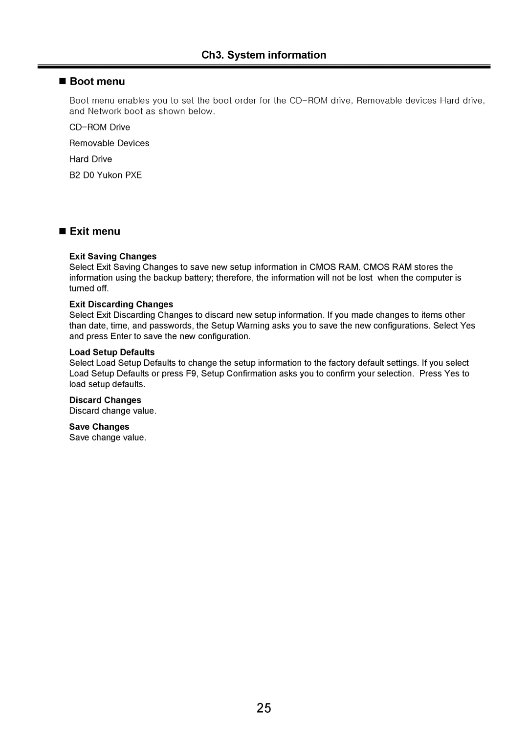 LG Electronics LS70 service manual Ch3. System information „ Boot menu, „ Exit menu 