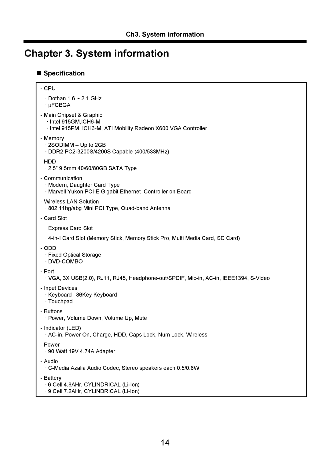 LG Electronics LS70 service manual Ch3. System information, „ Specification 