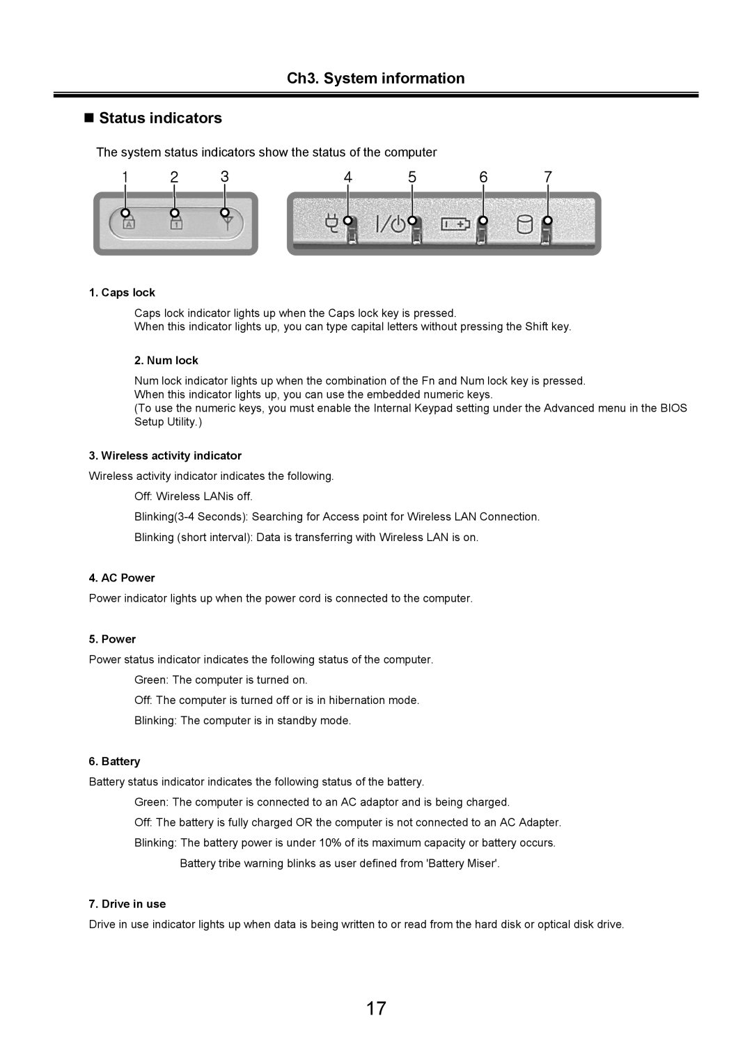 LG Electronics LS70 Ch3. System information „ Status indicators, Caps lock, Num lock, Wireless activity indicator, Power 