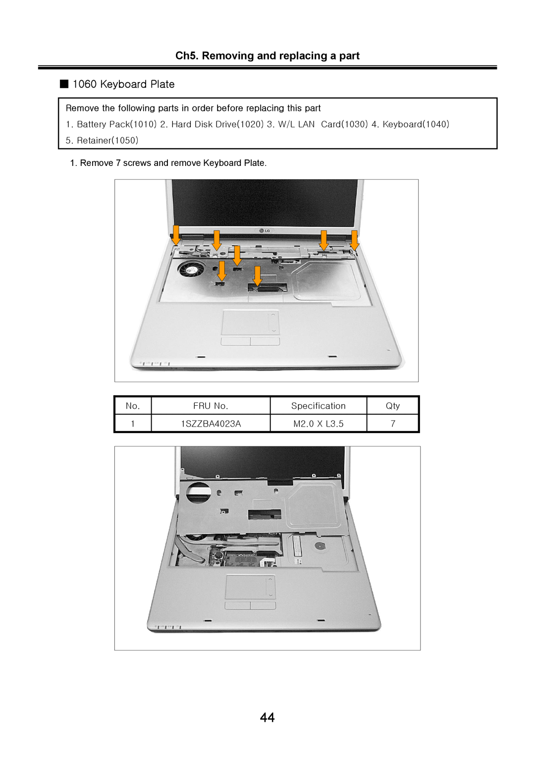 LG Electronics LS70 service manual Ch5. Removing and replacing a part 1060 Keyboard Plate 