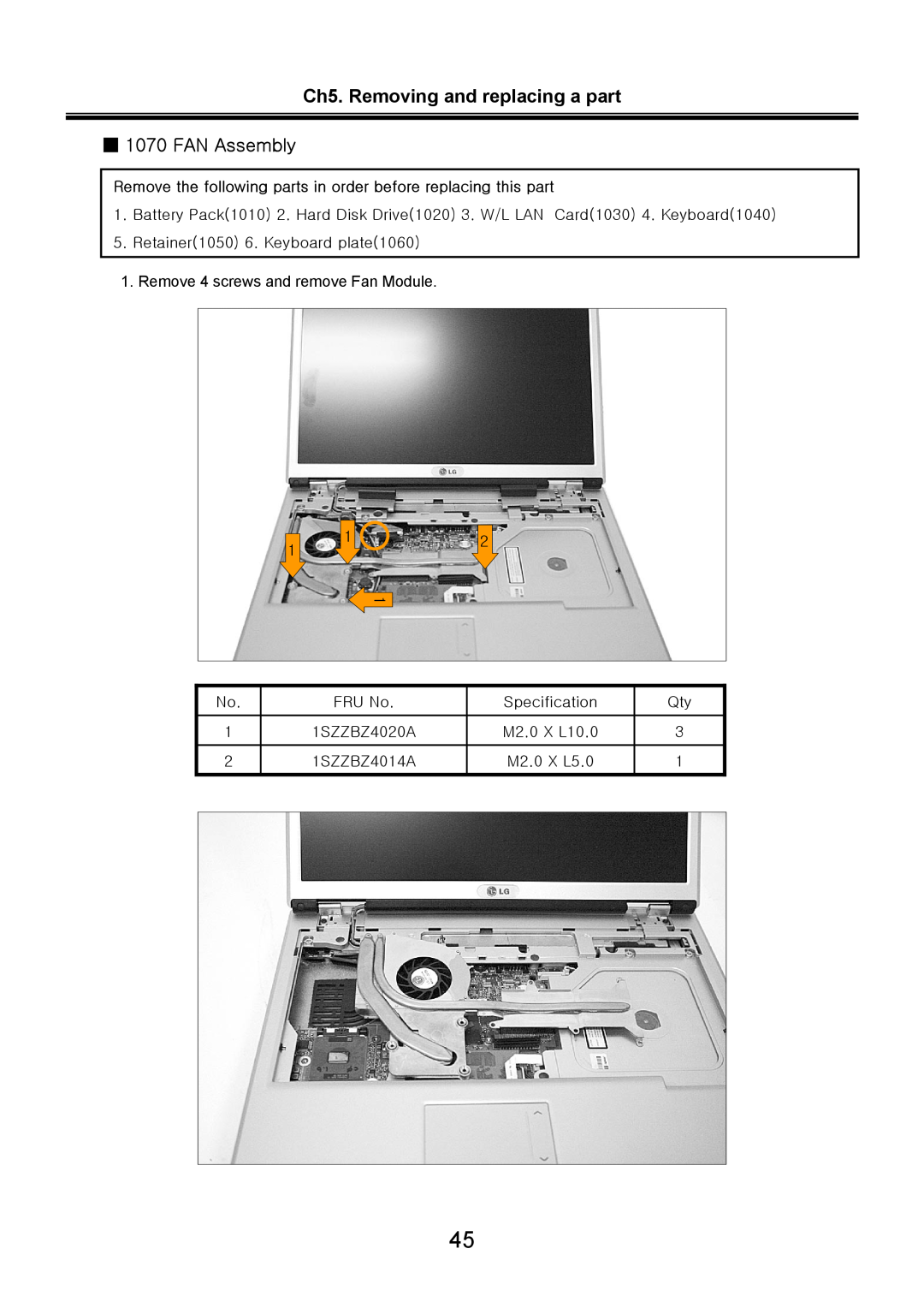 LG Electronics LS70 service manual Ch5. Removing and replacing a part 1070 FAN Assembly 