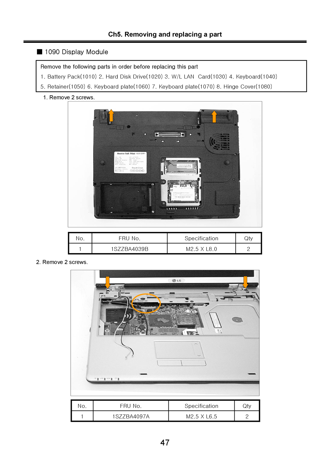 LG Electronics LS70 service manual Ch5. Removing and replacing a part 1090 Display Module 