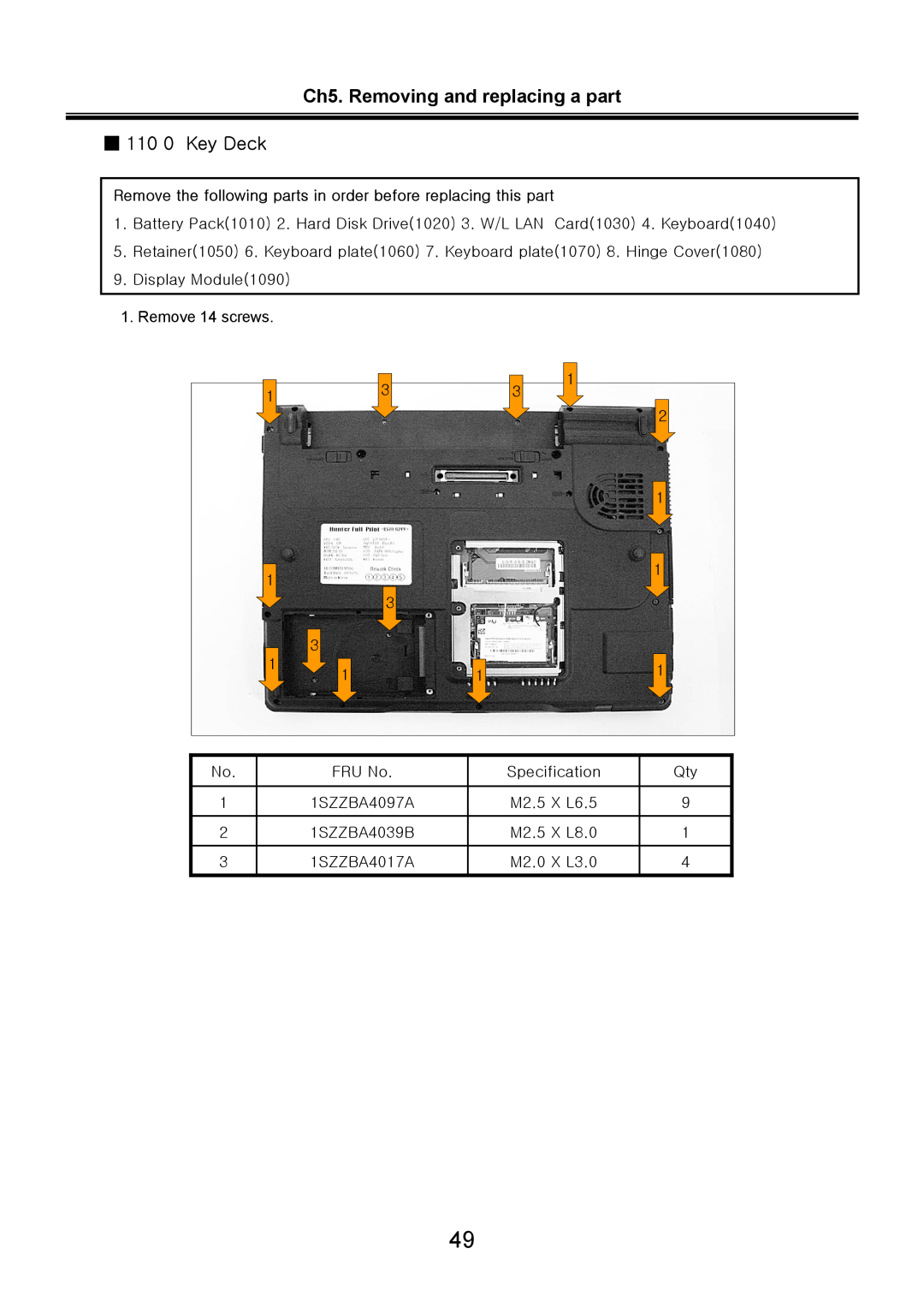 LG Electronics LS70 service manual Ch5. Removing and replacing a part 110 0 Key Deck 