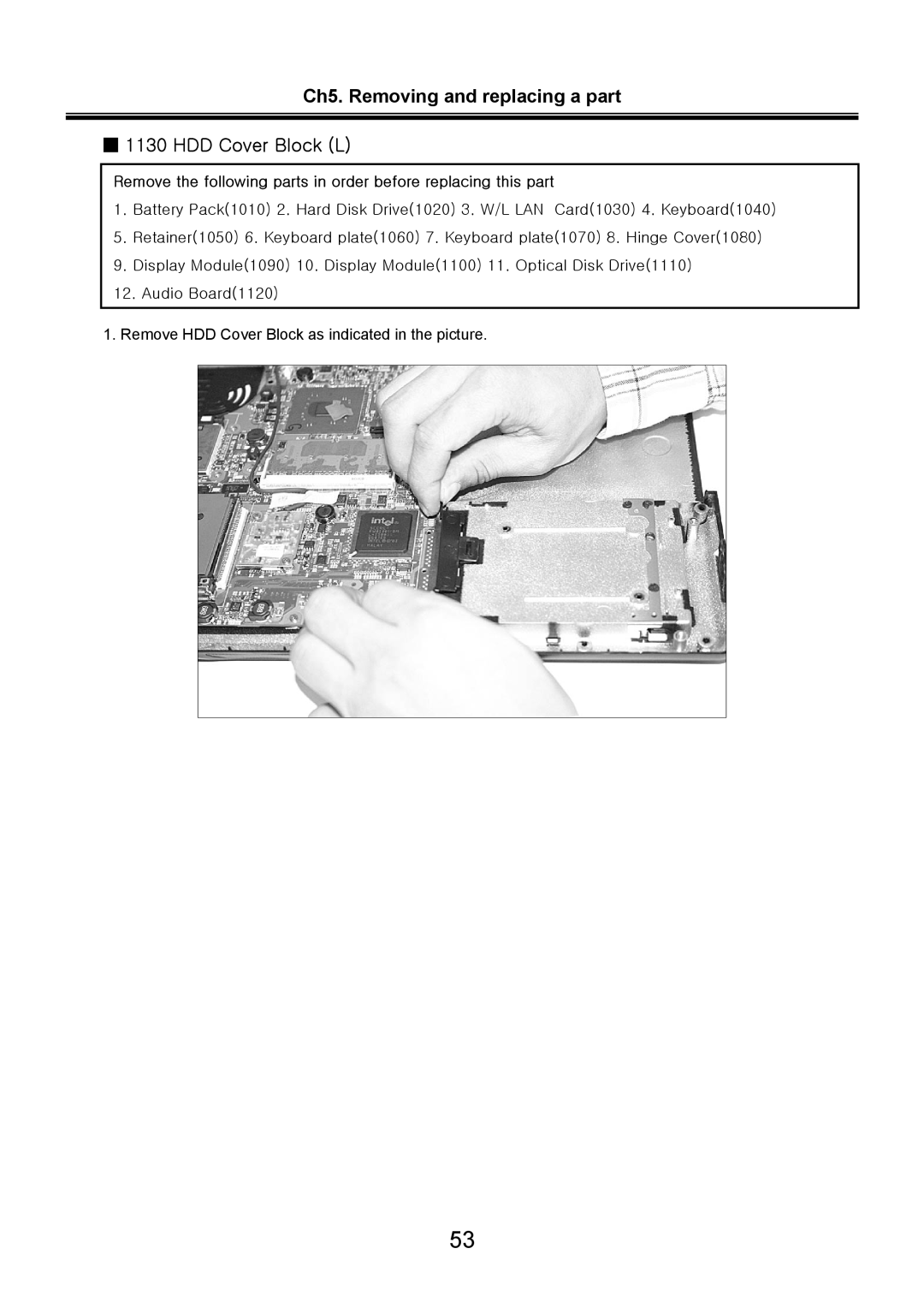 LG Electronics LS70 service manual Ch5. Removing and replacing a part 1130 HDD Cover Block L 