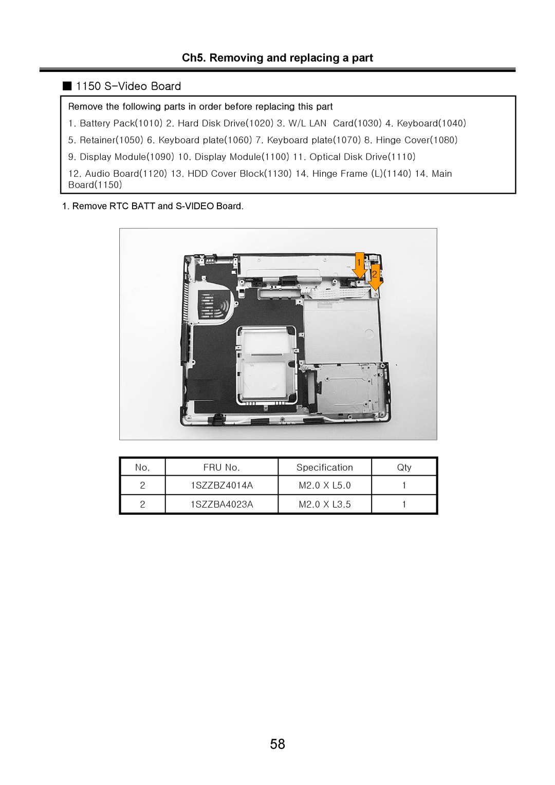 LG Electronics LS70 service manual Ch5. Removing and replacing a part 1150 S-Video Board 