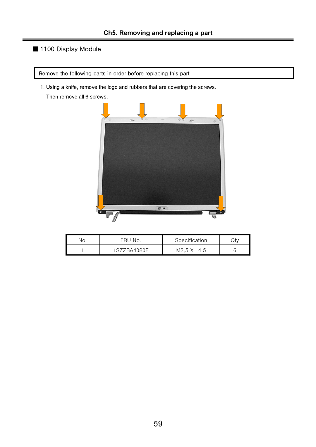 LG Electronics LS70 service manual Ch5. Removing and replacing a part 1100 Display Module 