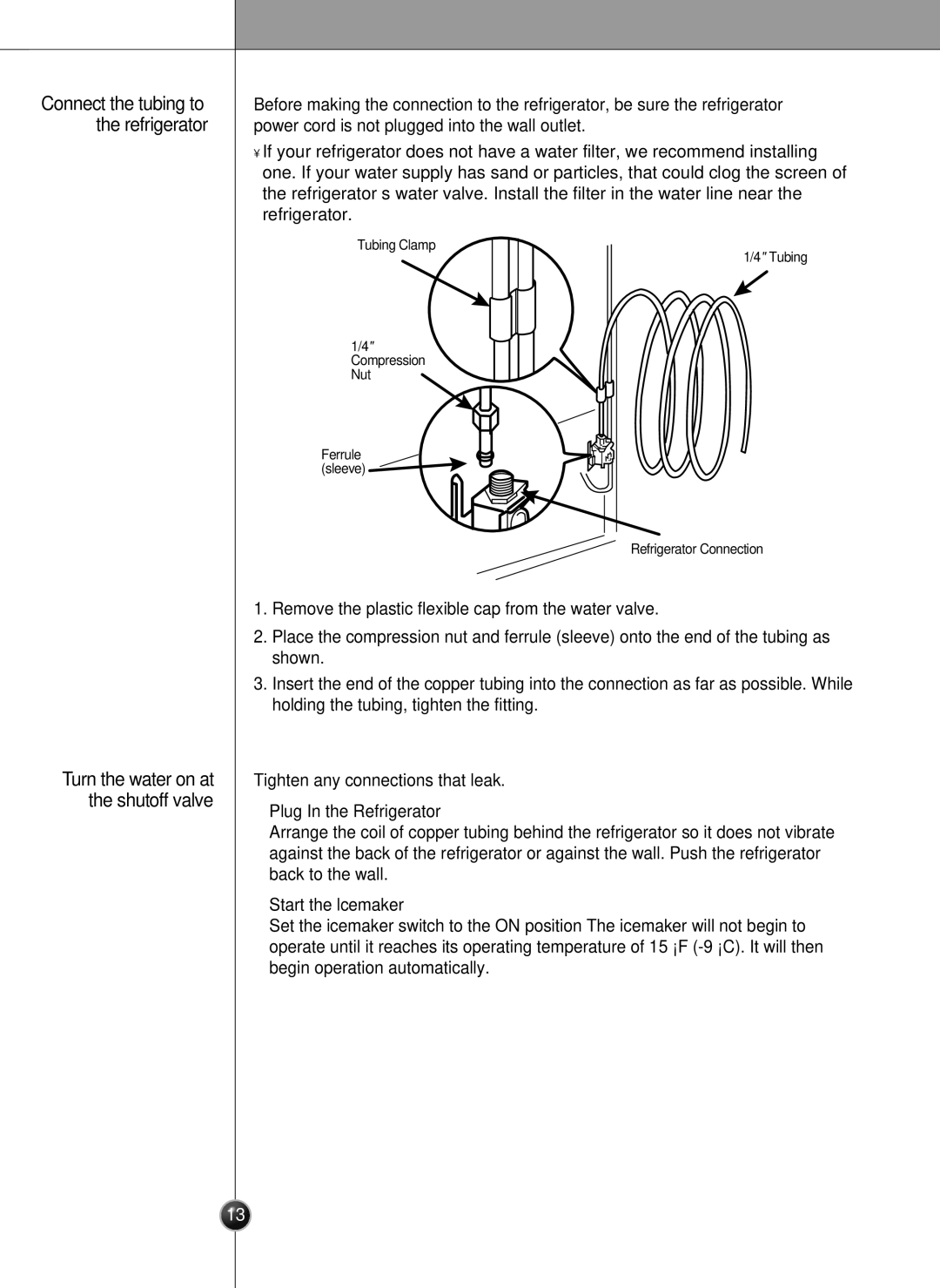 LG Electronics LSC 21943ST manual Tighten any connections that leak Plug In the Refrigerator, Start the lcemaker 