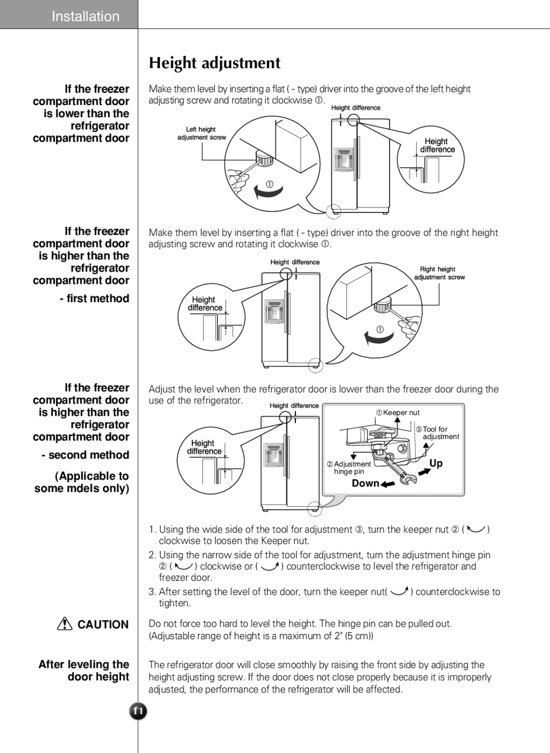 LG Electronics LSC 21943ST manual Height adjustment, After leveling the door height, Down 