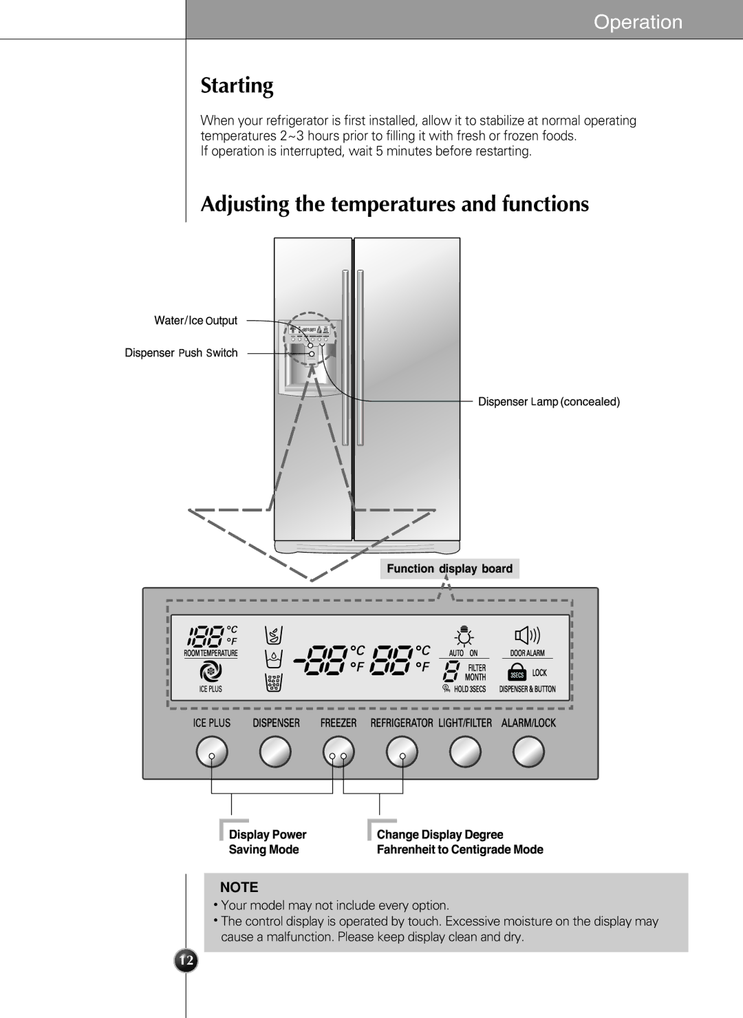 LG Electronics LSC 21943ST manual Starting, Adjusting the temperatures and functions 