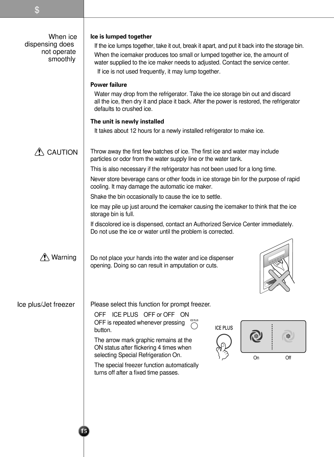 LG Electronics LSC 21943ST manual Ice is lumped together, Power failure, Unit is newly installed 