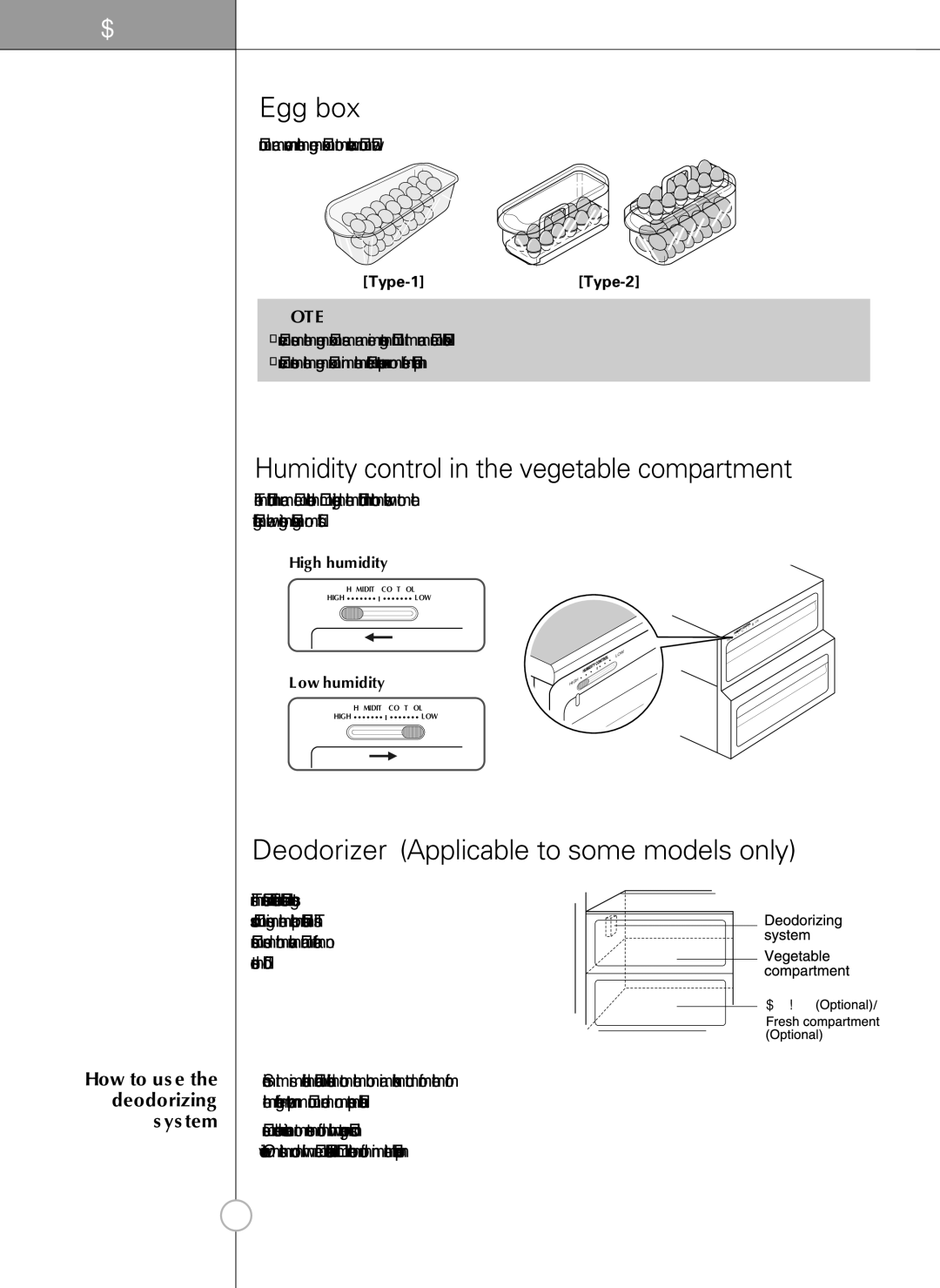 LG Electronics LSC 21943ST manual Egg box, Humidity control in the vegetable compartment, How to use the deodorizing system 