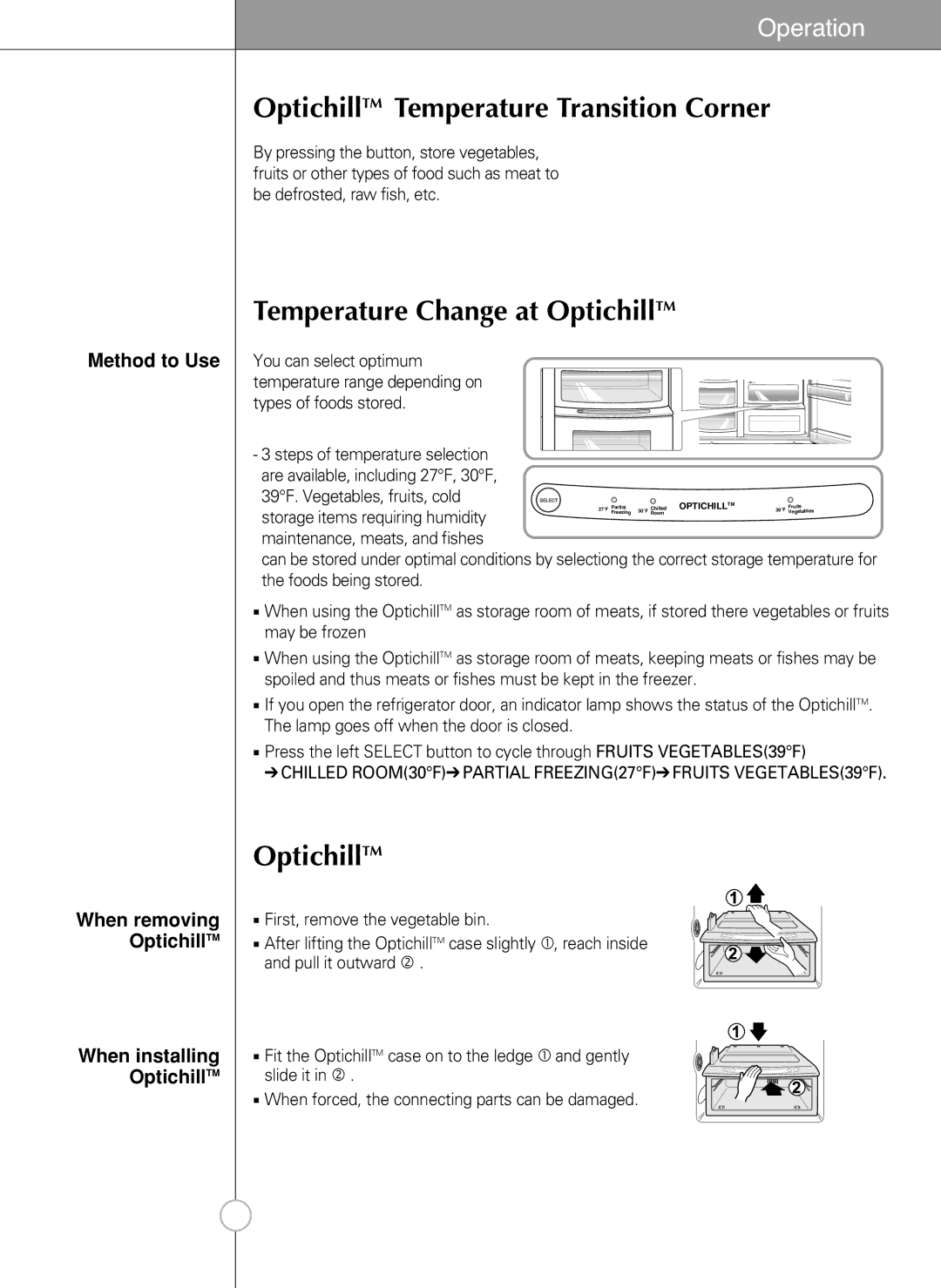 LG Electronics LSC 21943ST manual OptichillTM Temperature Transition Corner, Temperature Change at OptichillTM 