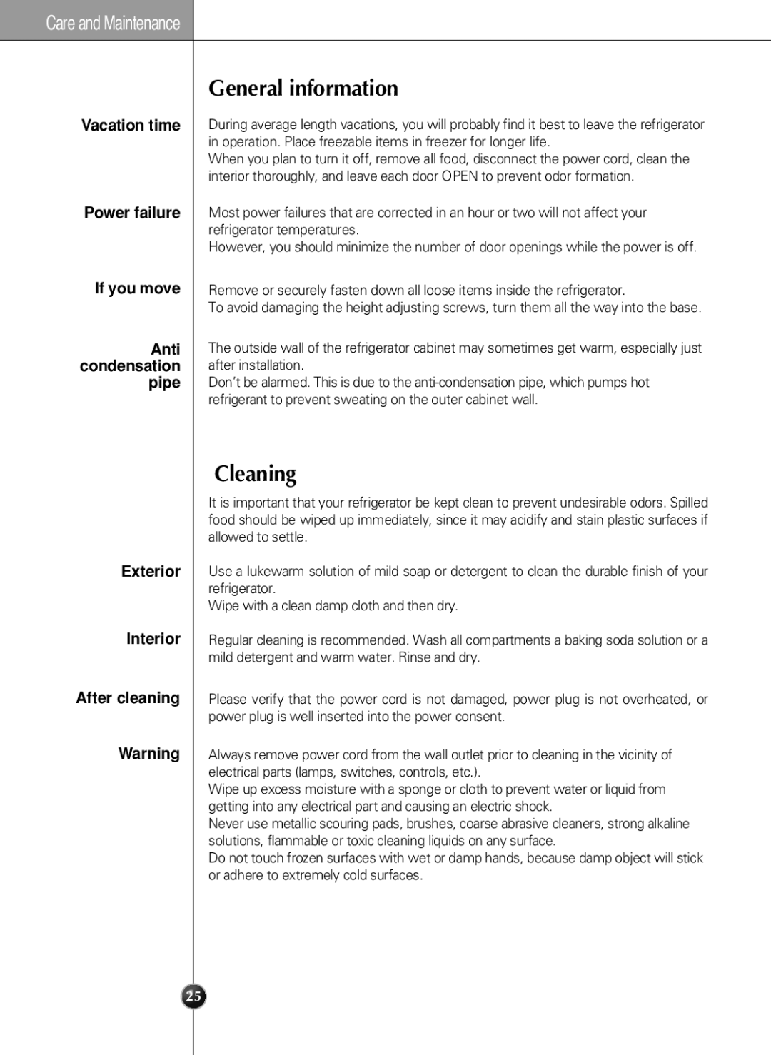 LG Electronics LSC 21943ST manual General information, Cleaning, If you move Anti condensation pipe 