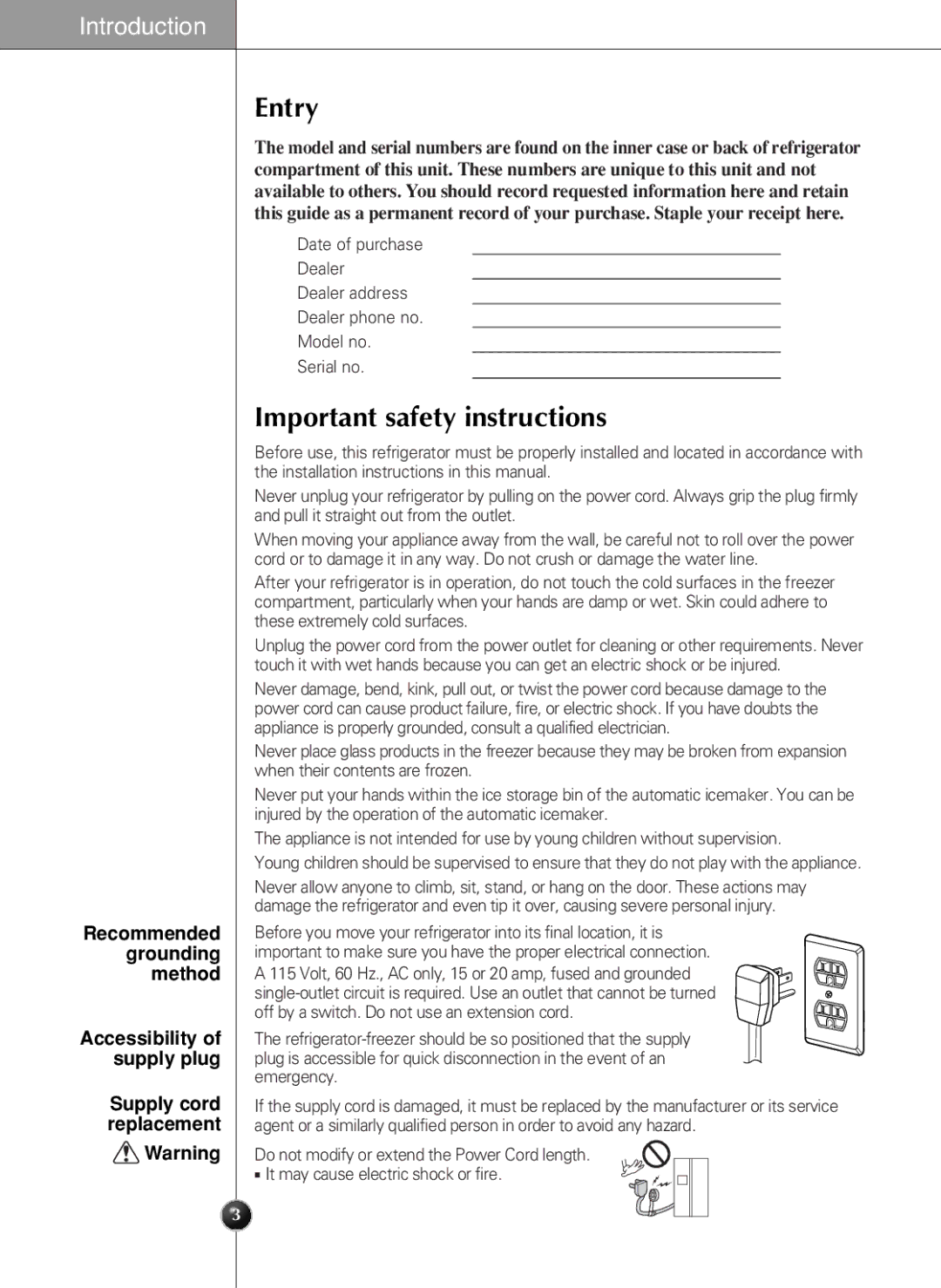 LG Electronics LSC 21943ST manual Entry, Important safety instructions 