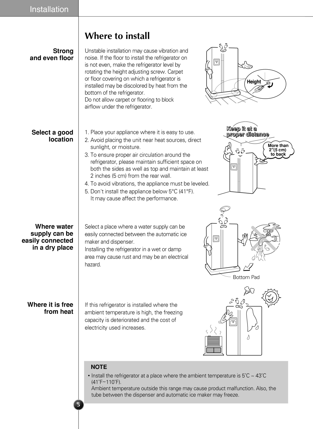 LG Electronics LSC 21943ST manual Where to install, Strong, Where water supply can be easily connected in a dry place 