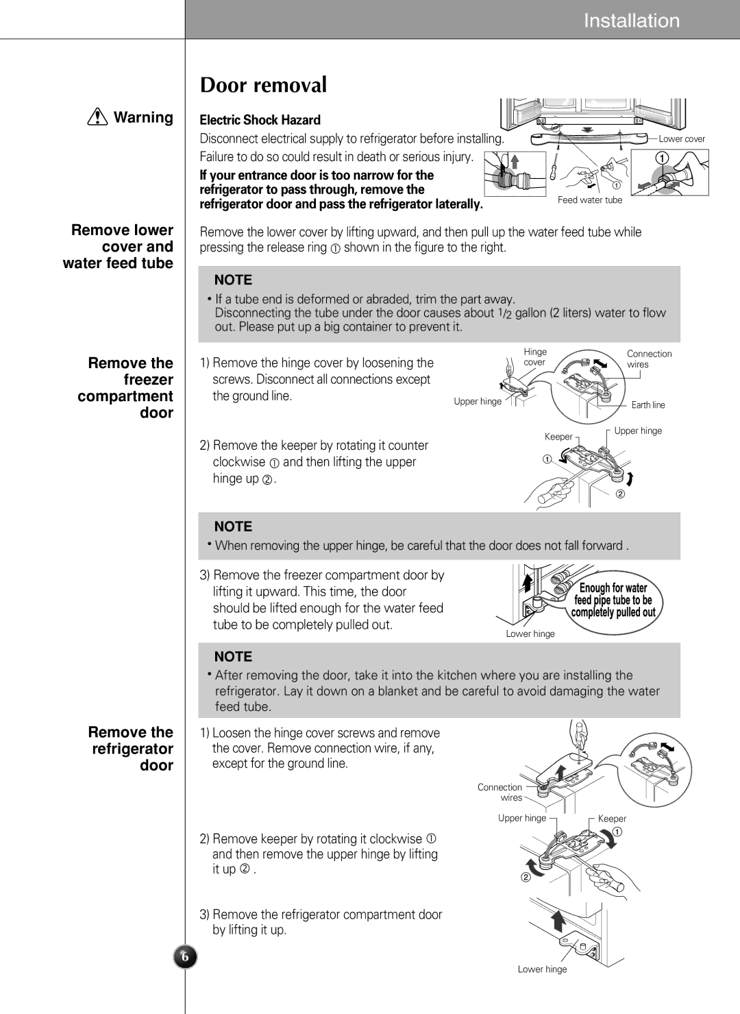 LG Electronics LSC 21943ST manual Door removal, Remove lower cover and water feed tube, Remove the freezer compartment door 