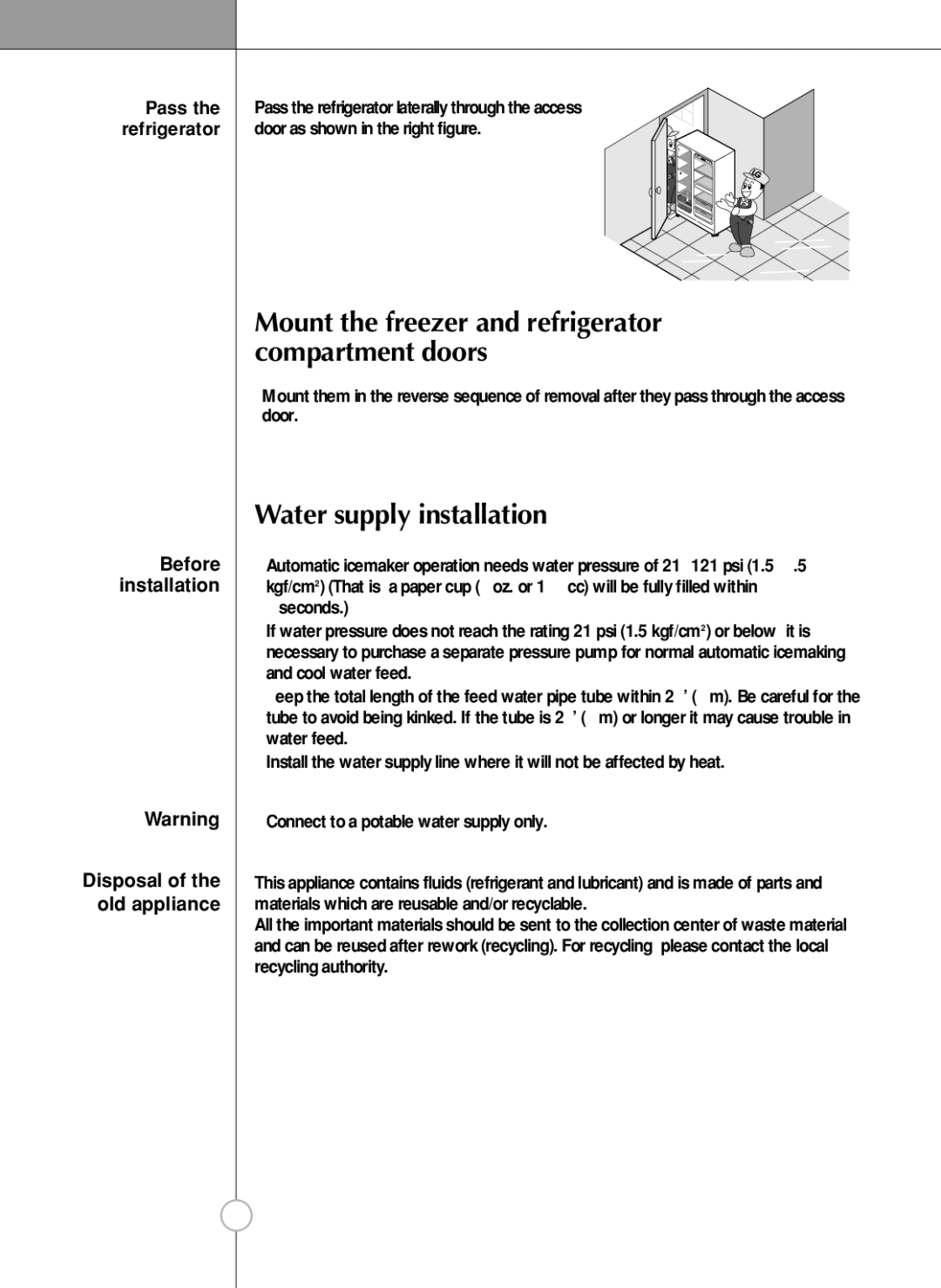 LG Electronics LSC 21943ST manual Water supply installation, Disposal of the old appliance, Before installation 