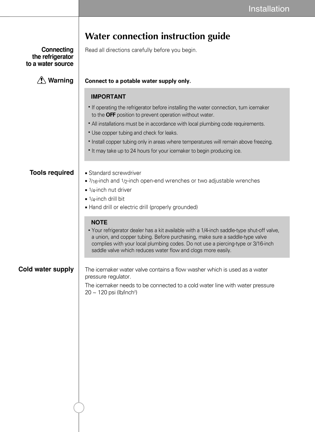 LG Electronics LSC 21943ST manual Water connection instruction guide, Connecting, Tools required, Refrigerator 