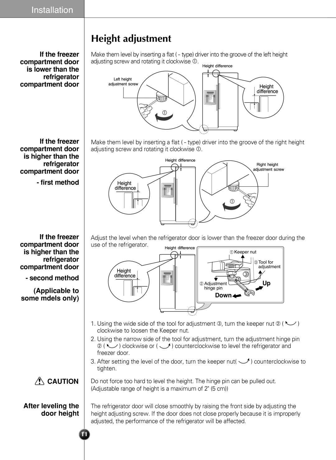 LG Electronics LSC 21943ST manual Height adjustment, Installation 