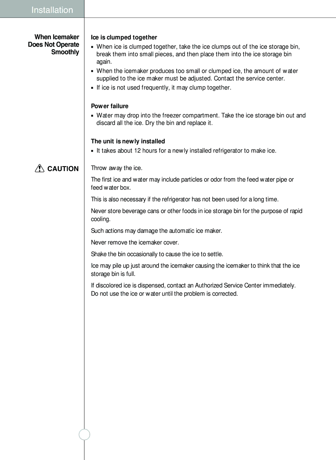 LG Electronics LSC 26905TT manual When Icemaker Does Not Operate Smoothly, Ice is clumped together, Power failure 