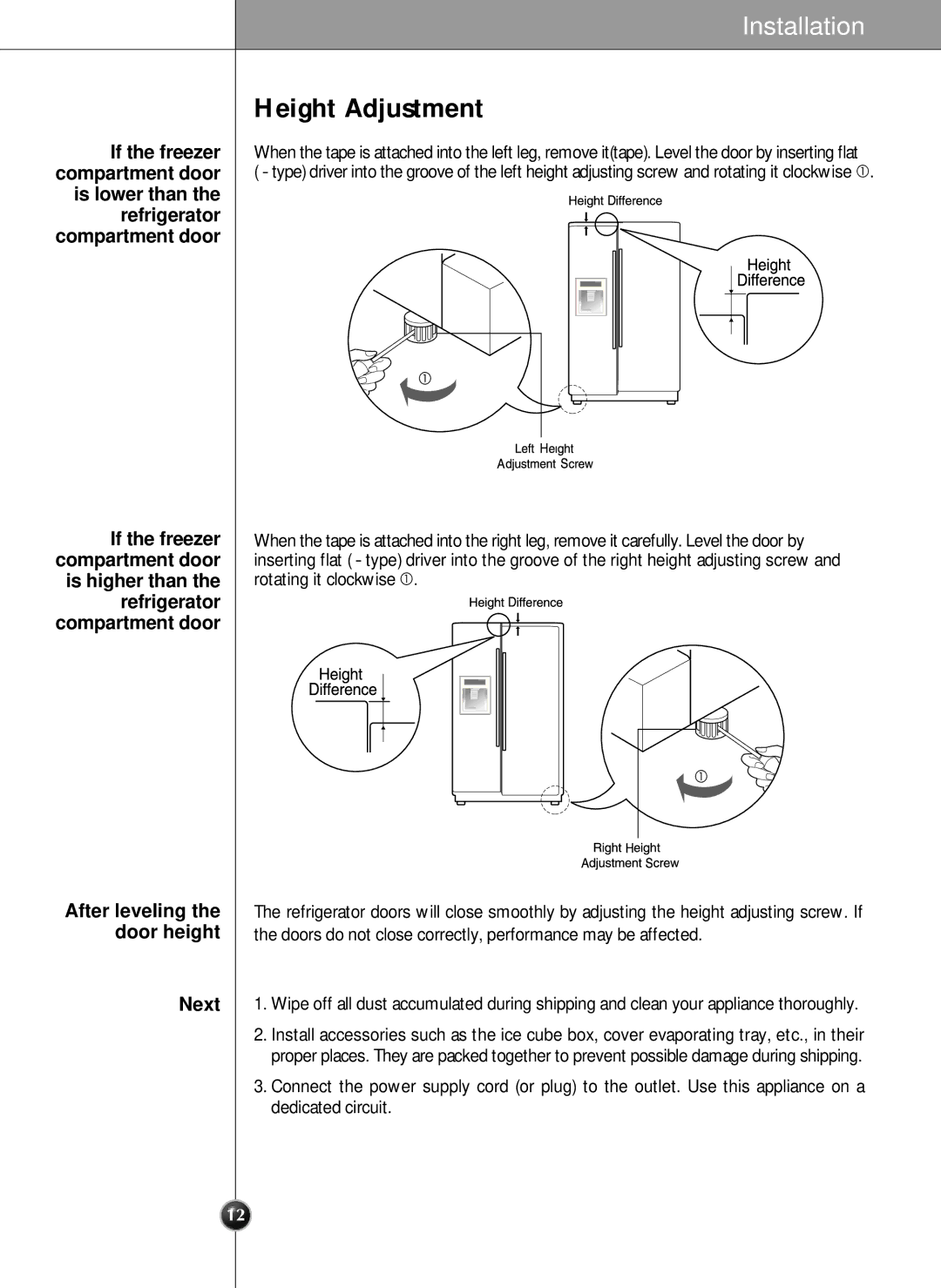 LG Electronics LSC 26905TT manual Height Adjustment, If the freezer Compartment door, Compartment door If the freezer, Next 