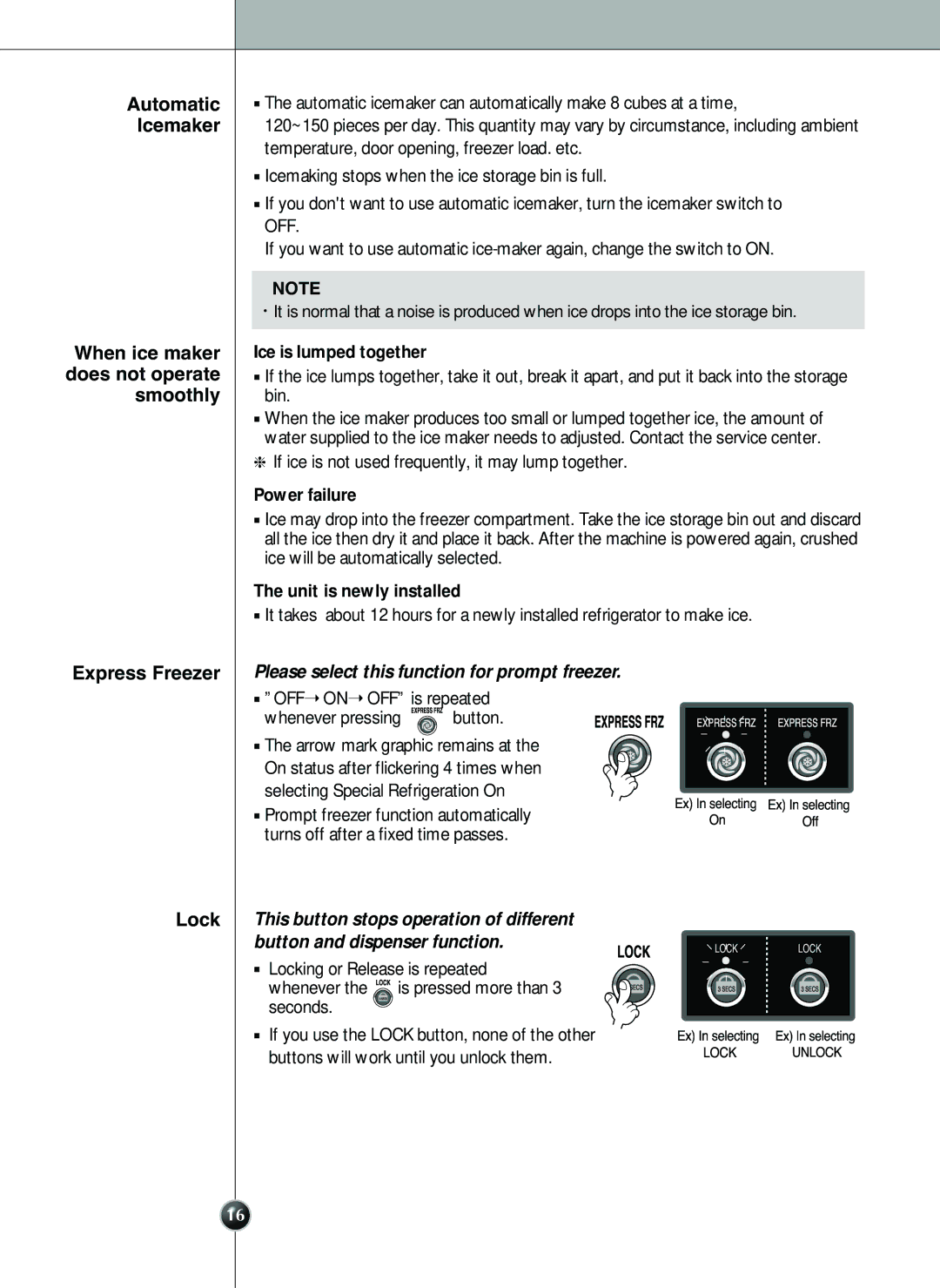 LG Electronics LSC 26905TT manual Automatic Icemaker When ice maker does not operate smoothly, Lock, Ice is lumped together 