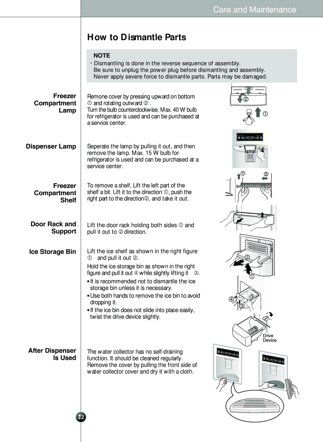 LG Electronics LSC 26905TT manual How to Dismantle Parts, Freezer Compartment Lamp Dispenser Lamp, Ice Storage Bin 