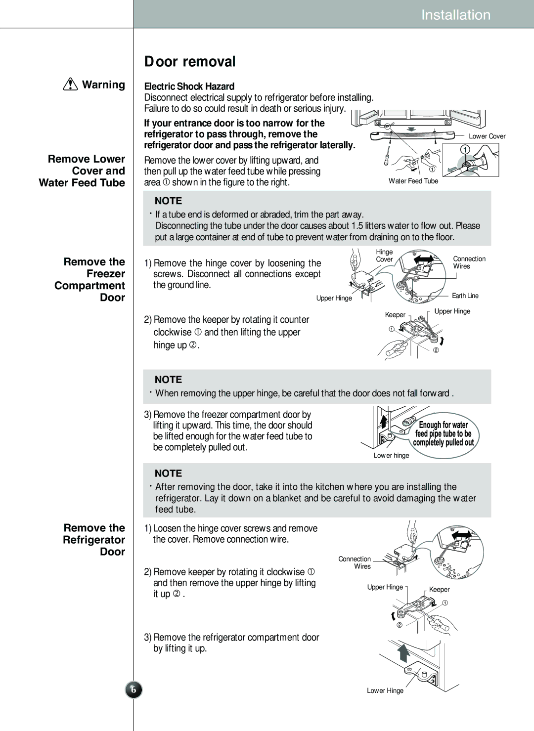 LG Electronics LSC 26905TT manual Door removal, Remove Lower Cover Water Feed Tube, Remove Freezer Compartment Door 