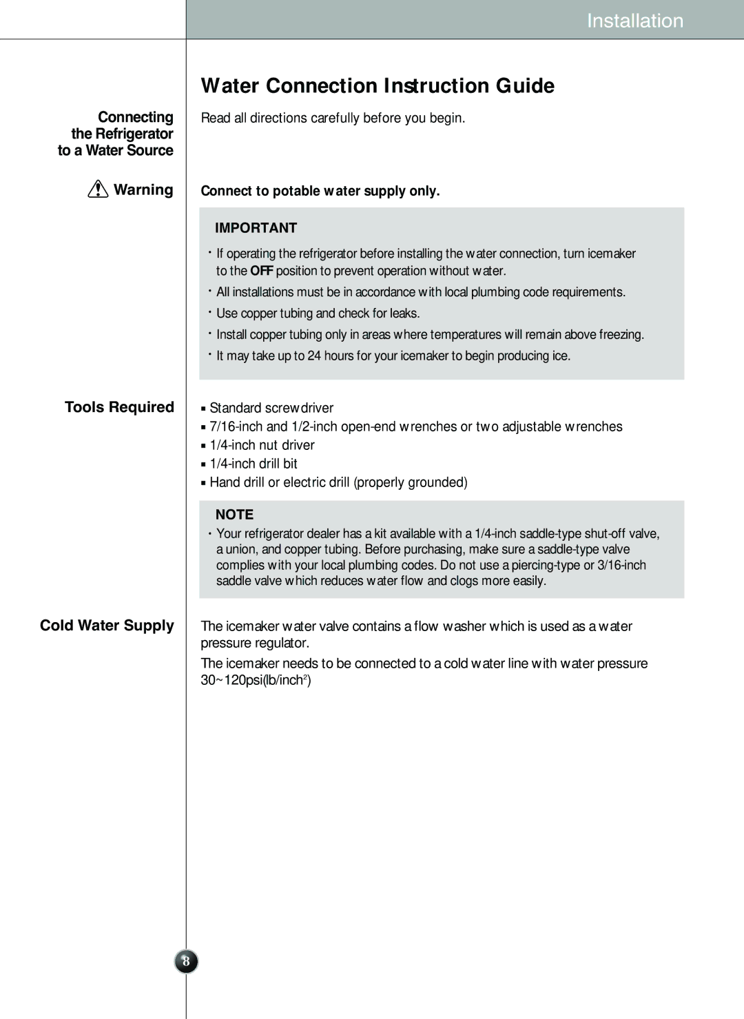 LG Electronics LSC 26905TT manual Water Connection Instruction Guide, Connecting, Tools Required 