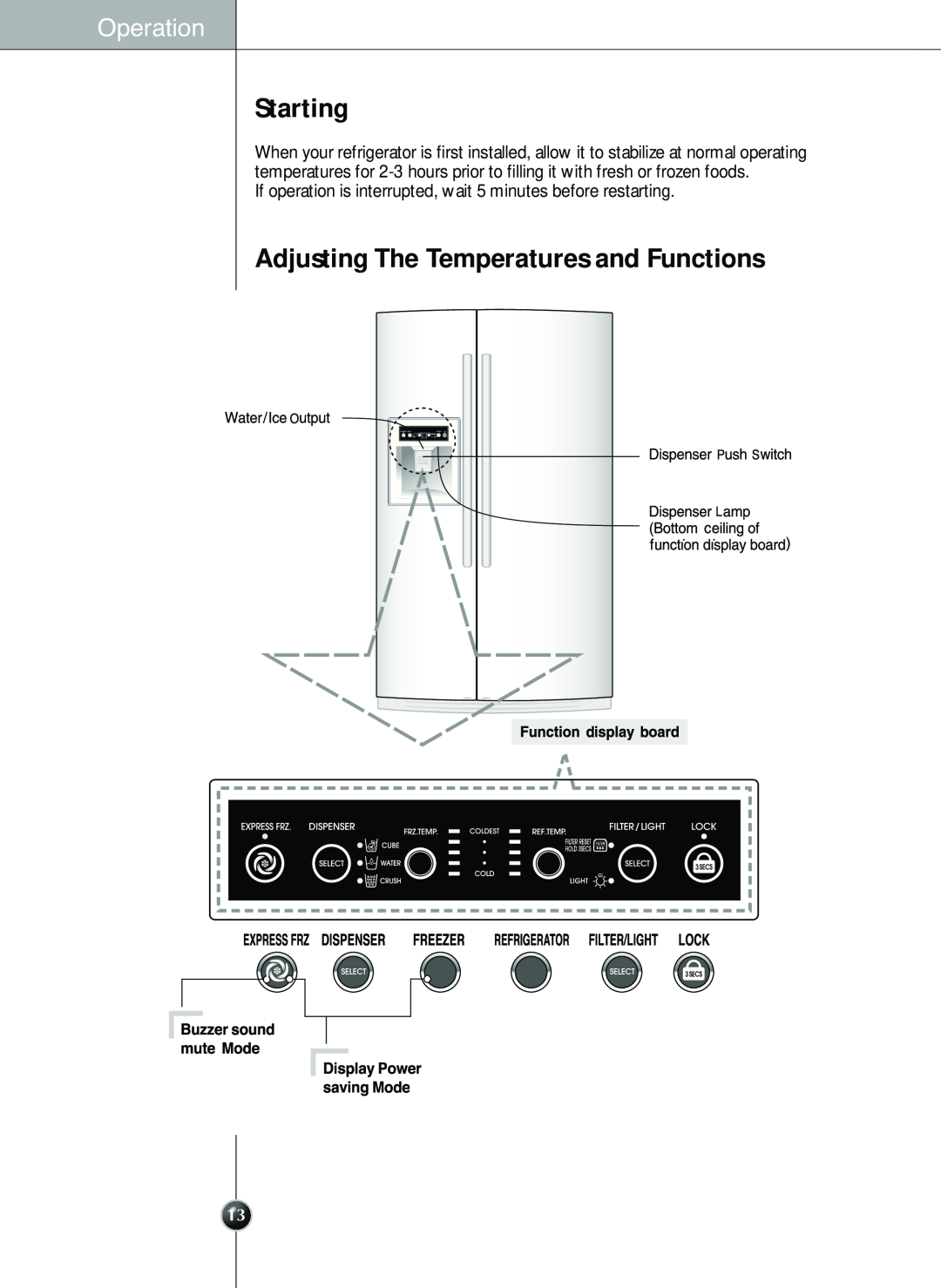 LG Electronics LSC 26905TT manual muteMode, Starting, Adjusting The Temperatures and Functions, Operation, DisplayPower 