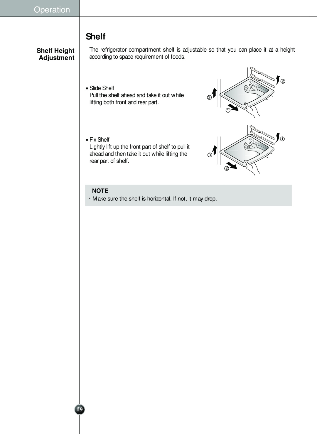 LG Electronics LSC 26905TT manual Operation, Shelf Height Adjustment 