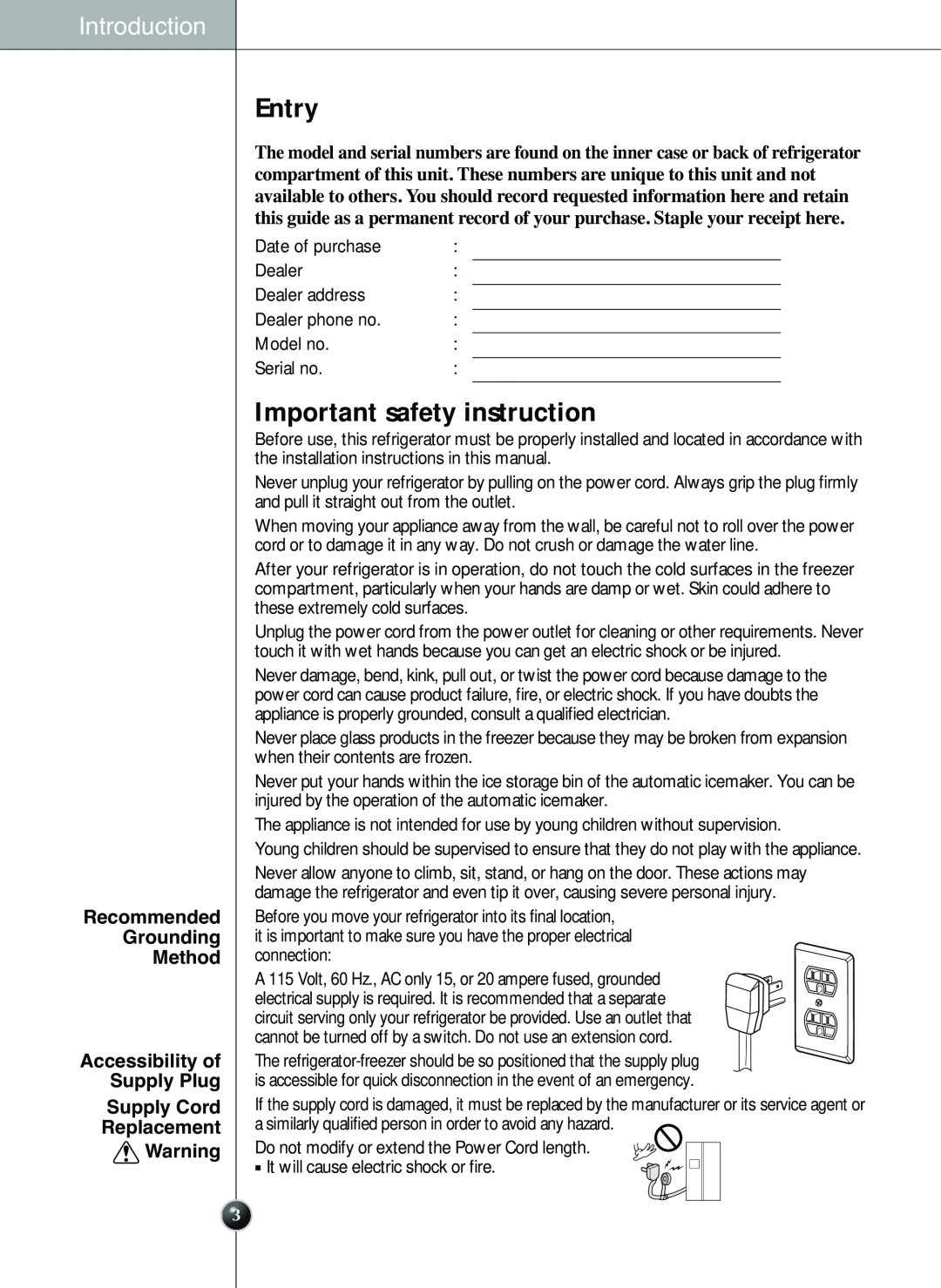 LG Electronics LSC 26905TT manual Entry, Important safety instruction, Introduction, Replacement 