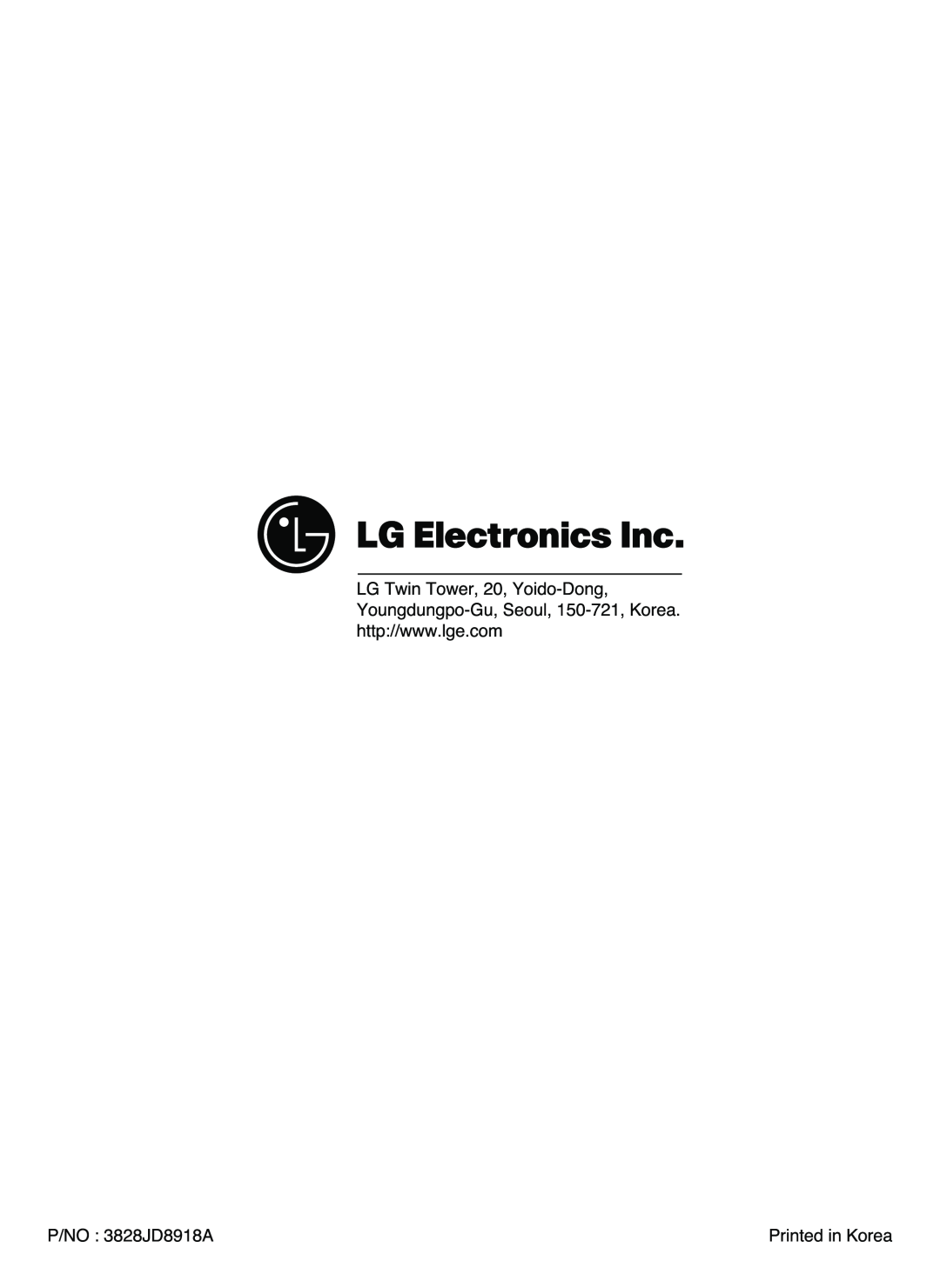 LG Electronics LSC 26905TT P/NO3828JD8918A, LGYoungdungpoTwinTower,-Gu,20,SeYidooul,150-Dong,-721,Korea, PrintedinKorea 