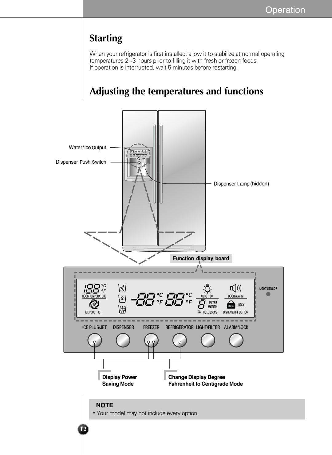 LG Electronics LSC 27950ST Starting, Adjusting the temperatures and functions, Your model may not include every option 