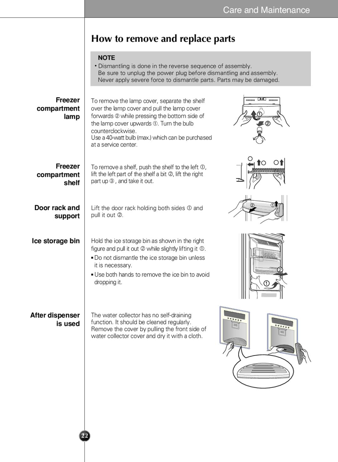 LG Electronics LSC 27950SB, LSC 27950ST manual How to remove and replace parts, Freezer compartment lamp, Ice storage bin 