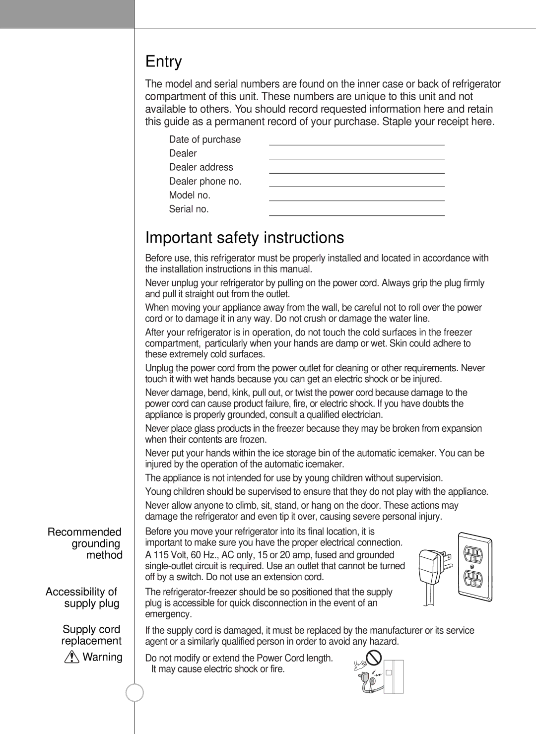 LG Electronics LSC 27960ST, LSC 27950ST, LSC 27950SW, LSC 27950SB manual Entry, Important safety instructions 