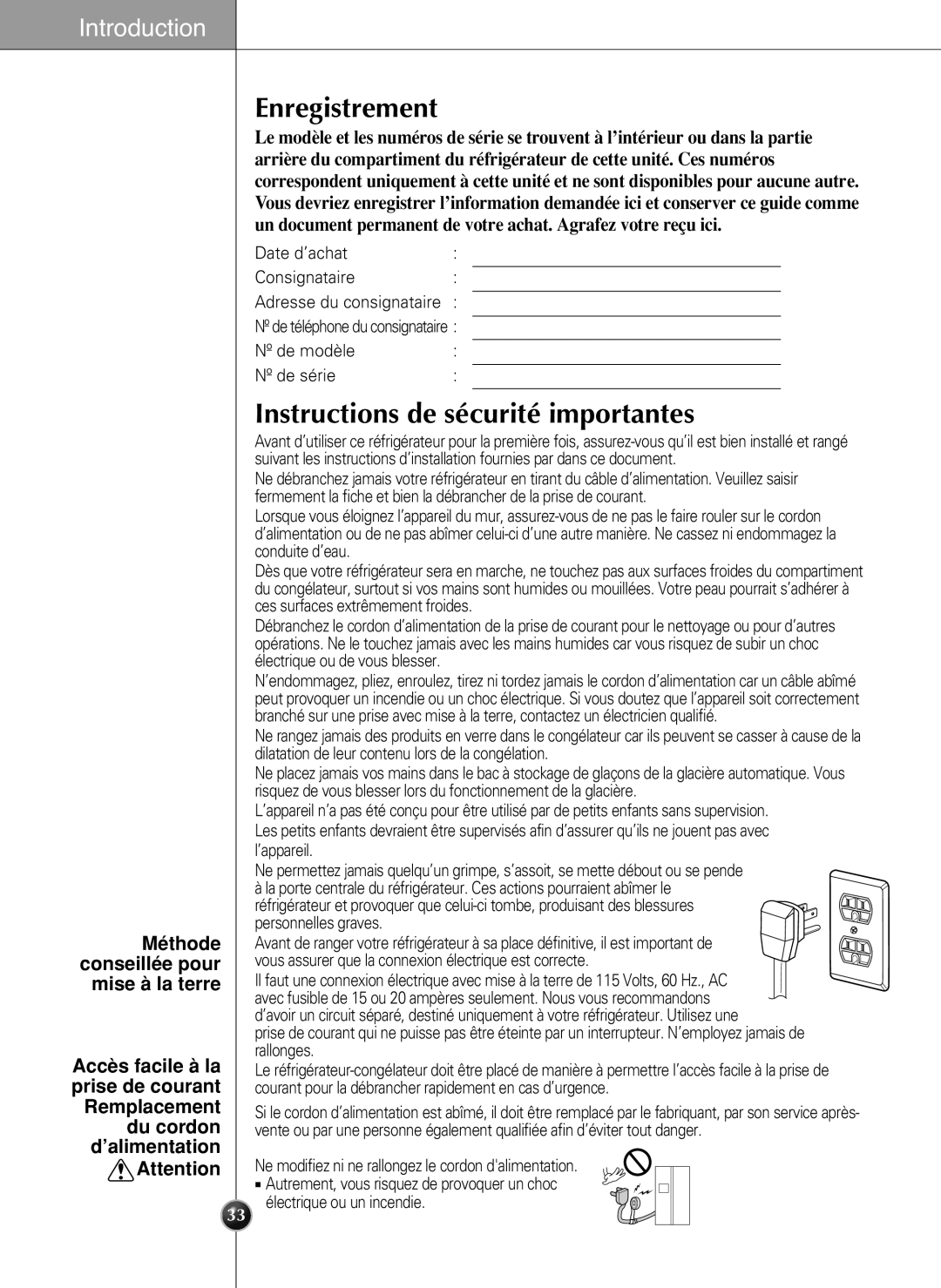 LG Electronics LSC 27950SW, LSC 27950ST, LSC 27950SB, LSC 27960ST manual Enregistrement, Instructions de sécurité importantes 