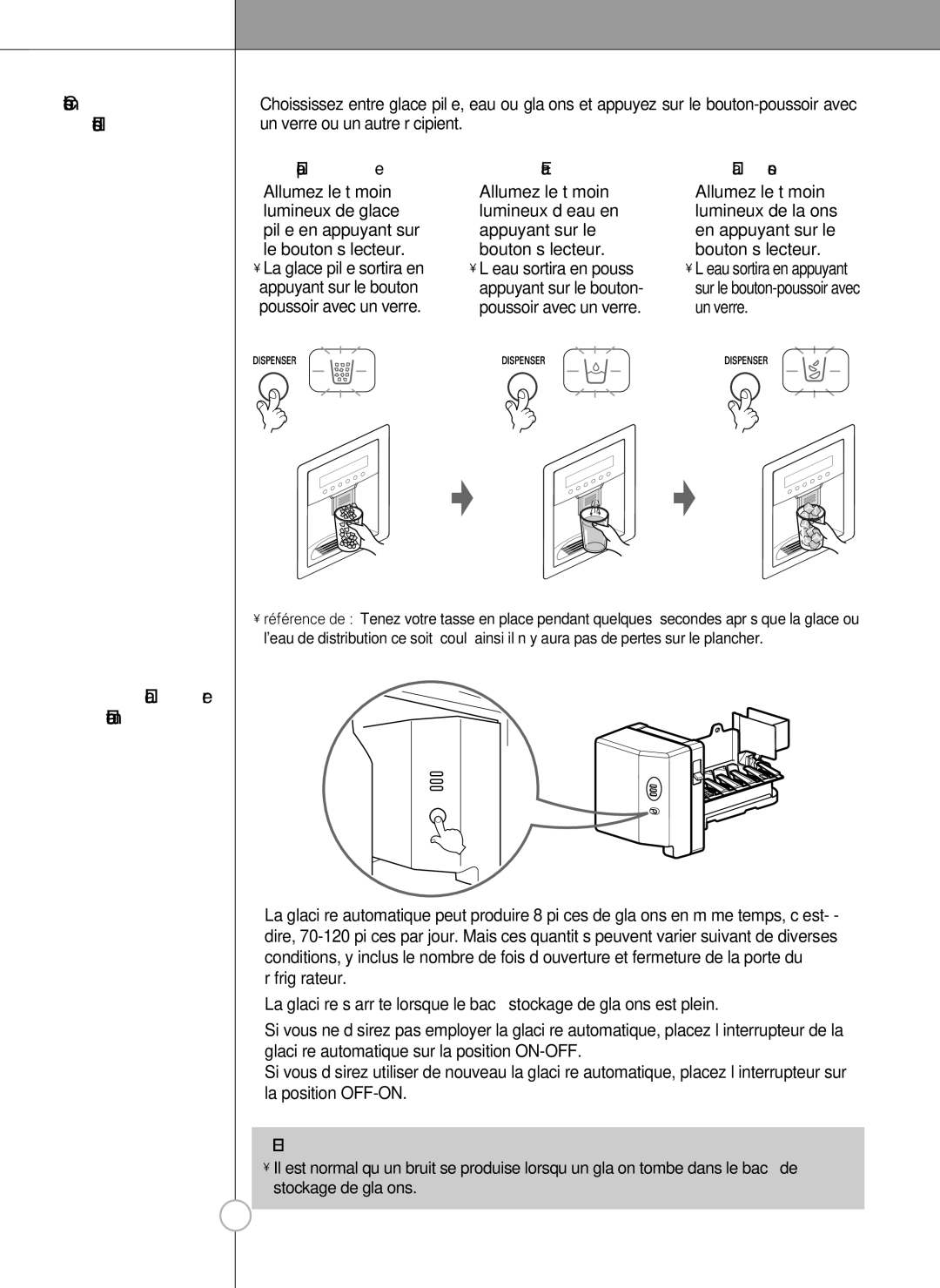 LG Electronics LSC 27950ST, LSC 27950SW, LSC 27950SB Comment utiliser le distributeur, Glacière automatique, Eau Glaçons 