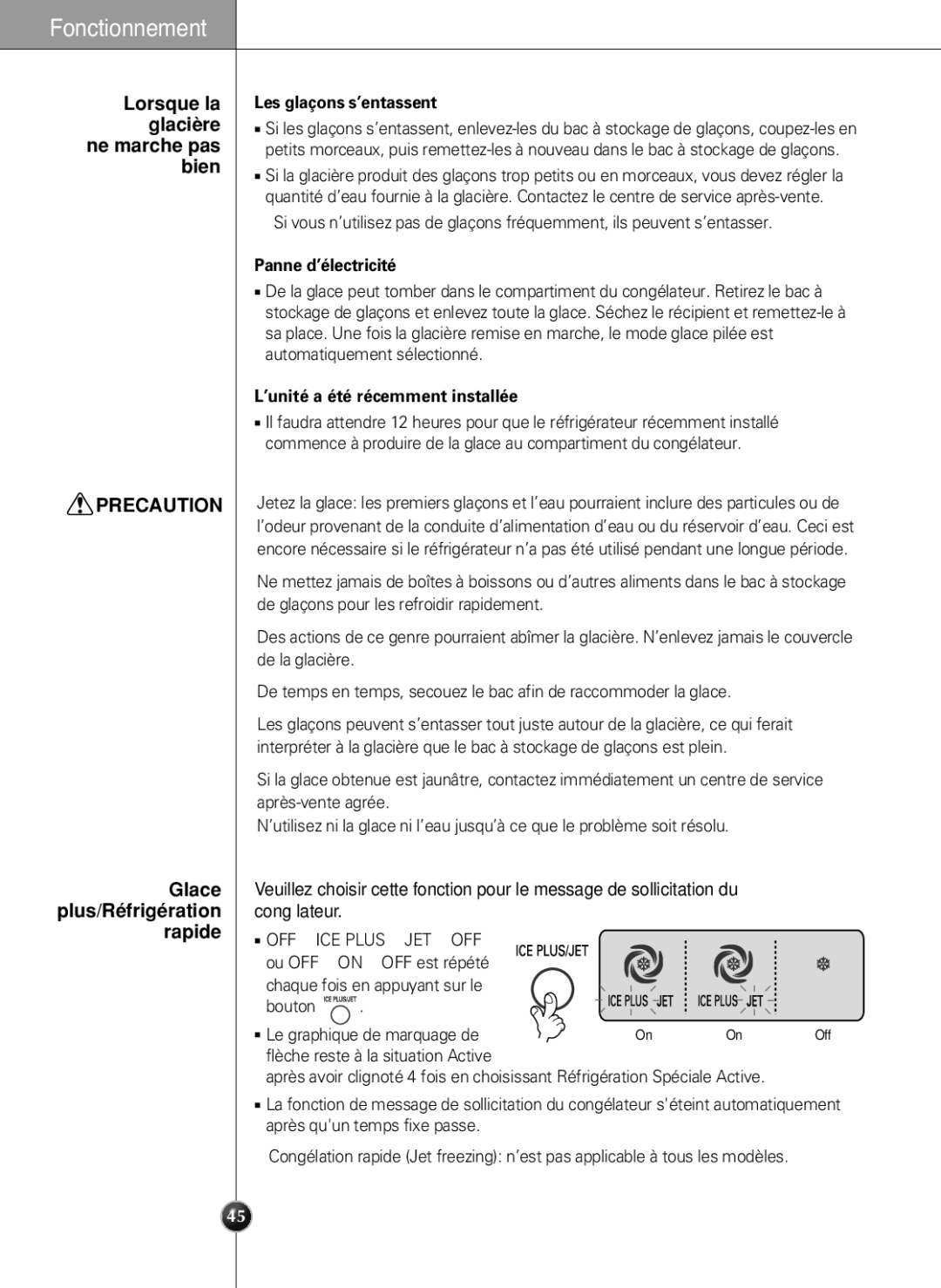 LG Electronics LSC 27950SW Lorsque la glacière ne marche pas bien, Glace plus/Réfrigération rapide, Panne d’électricité 